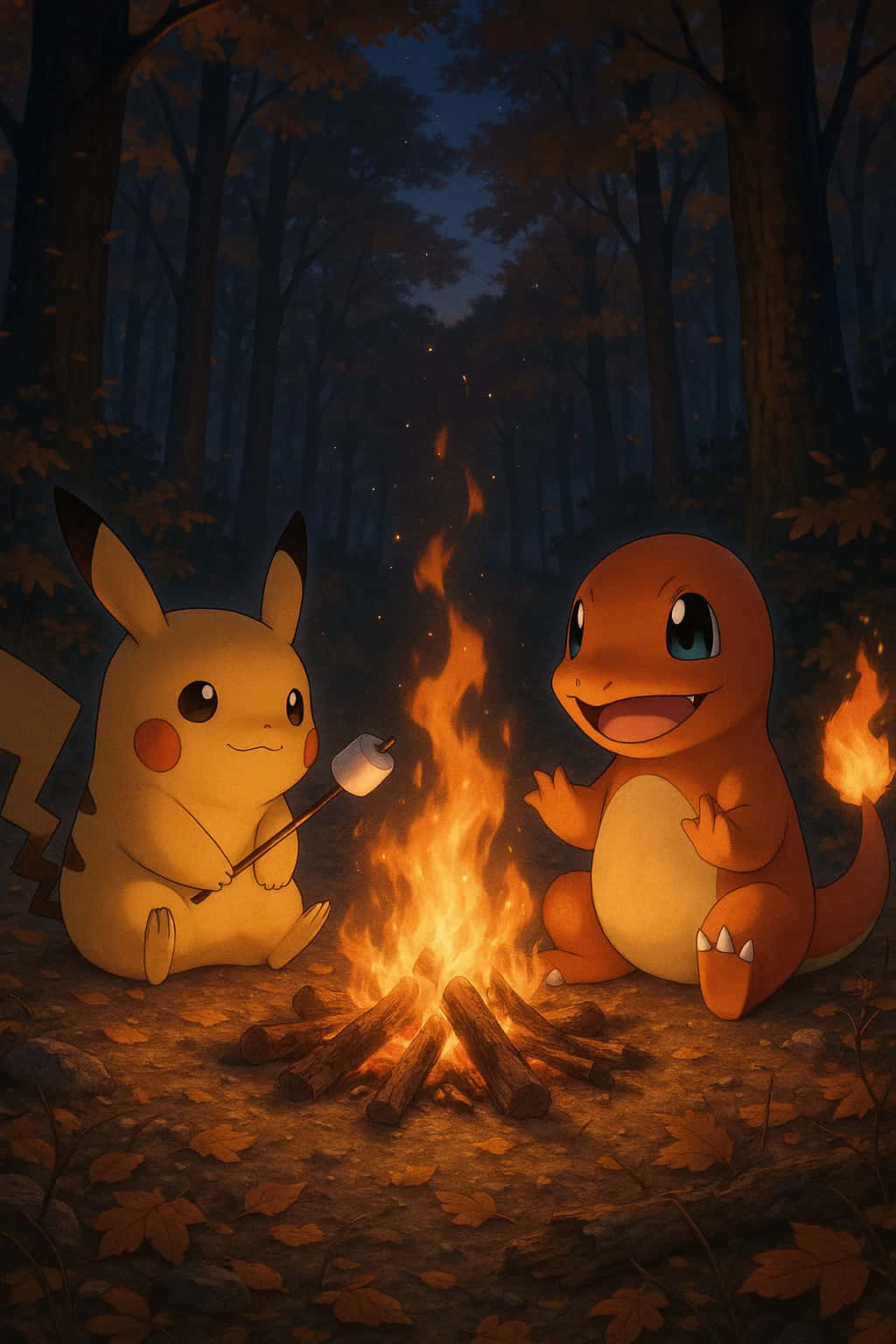 Pikachu HD Wallpaper WEBP 4K Background Download 壁紙 — 皮卡丘和火恐龍在黑暗的秋日森林中，在噼啪作響的營火上烤棉花糖。
