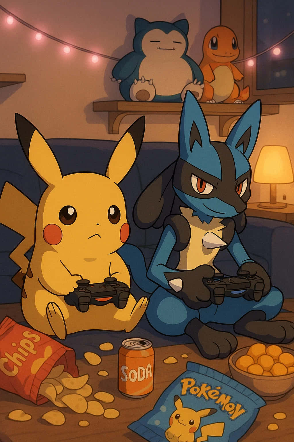 Pikachu HD Wallpaper WEBP 4K Background Download 壁紙 — 皮卡丘和路卡利歐在沙發上激烈地玩電子遊戲，周圍有零食和燈串，卡比獸和噴火龍從上面觀看。