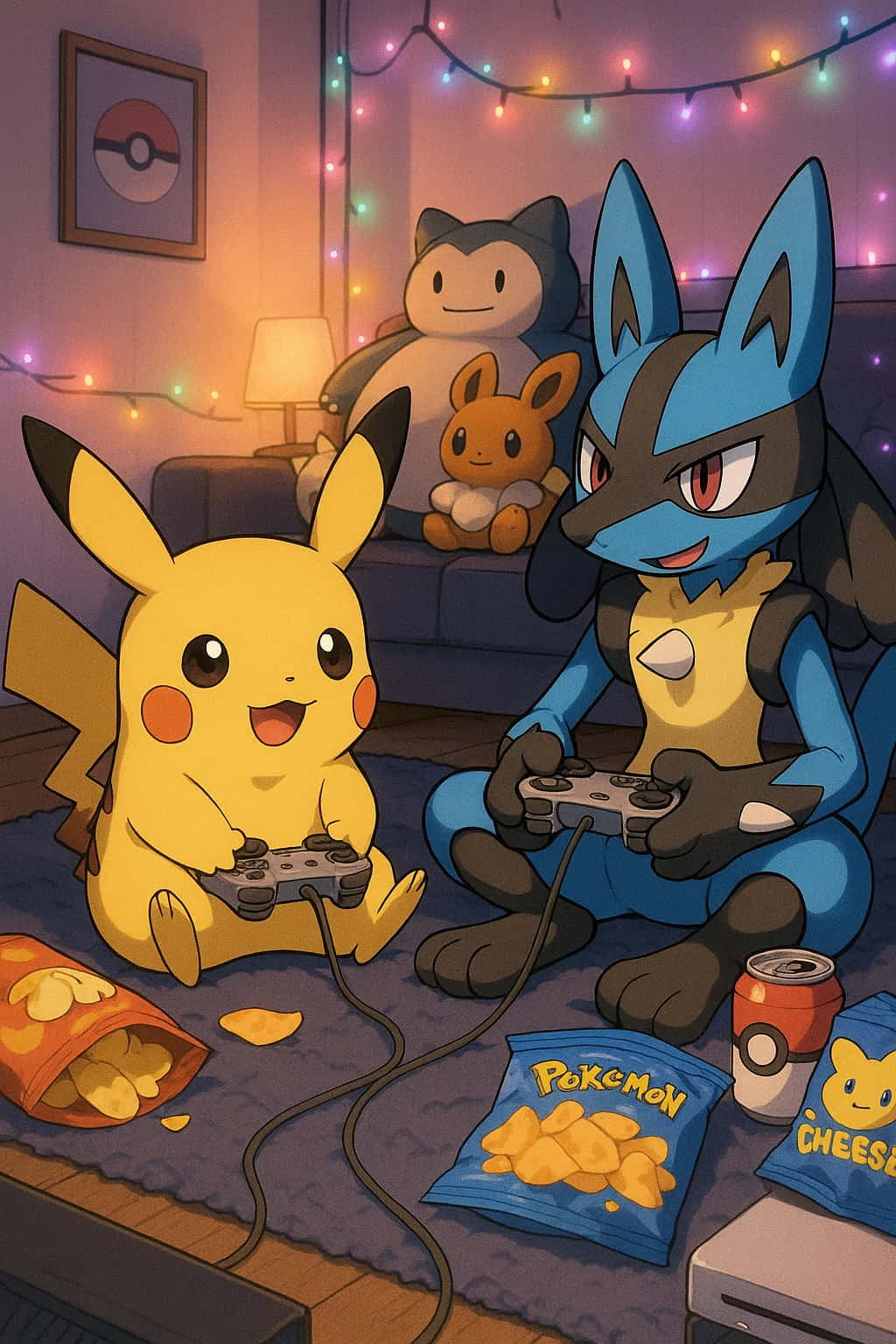 Pikachu HD Wallpaper WEBP 4K Background Download 壁紙 — 皮卡丘和路卡利歐在舒適的地毯上玩電子遊戲，周圍有寶可夢零食和燈串。