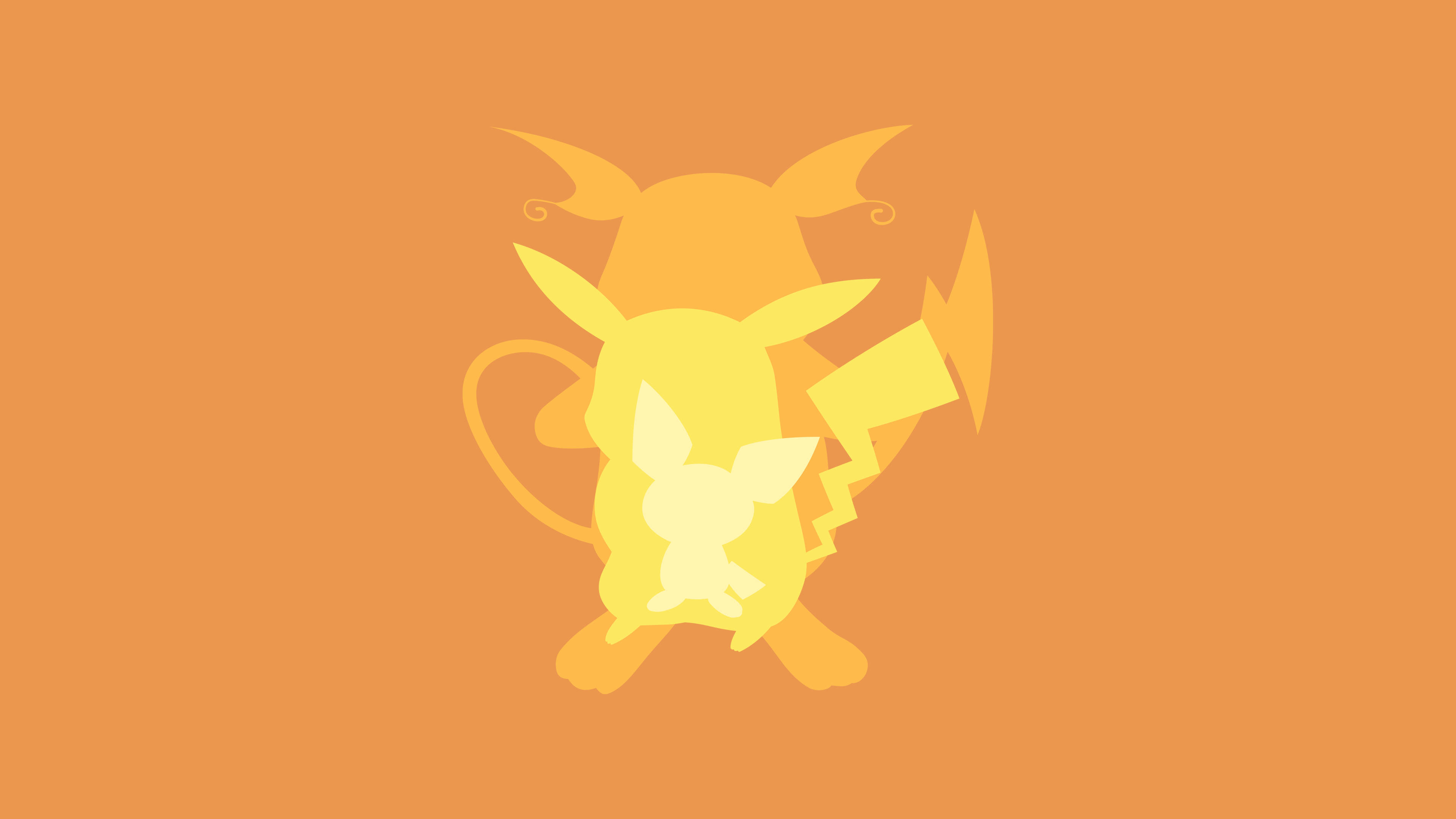 Raichu 桌布 壁紙 — 皮卡丘和雷丘的風格化剪影，以分層黃色色調呈現，襯以純橙色背景。