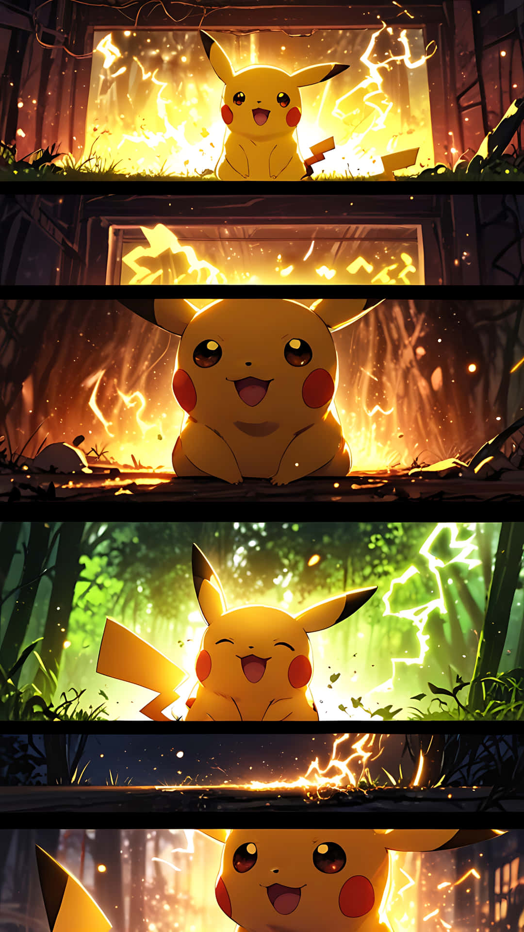Pikachu's Magical Mood Board - Cute and Electrifying. smartphone wallpaper 壁紙 — 皮卡丘在五個動態面板中，於溫暖的金色森林場景中散發著歡樂的能量，伴隨著噼啪作響的閃電。