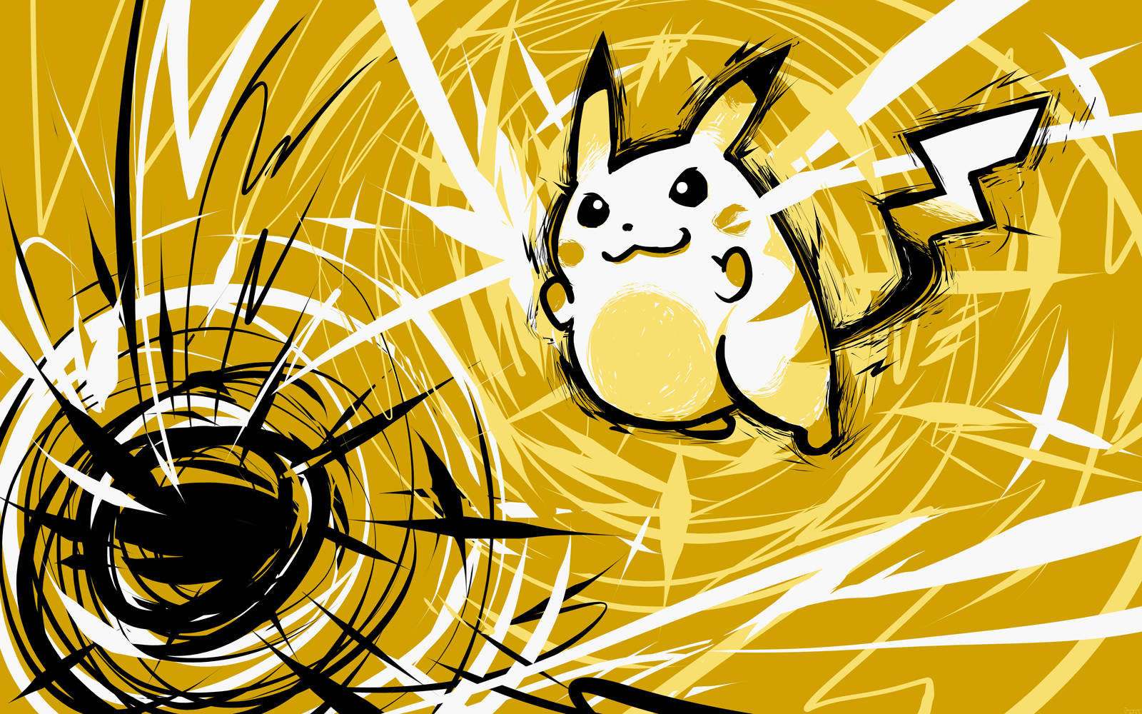 Cute Pikachu 桌布 壁紙 — 皮卡丘在動感的黃黑素描風格插圖中爆發能量，周圍有運動線條。