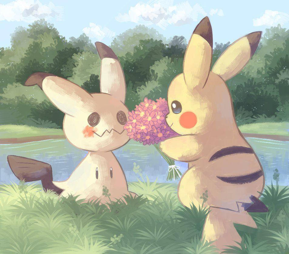 Friendship 桌布 壁紙 — 皮卡丘在晴朗藍天下的寧靜河邊，向伊布送上一束粉紅色花。