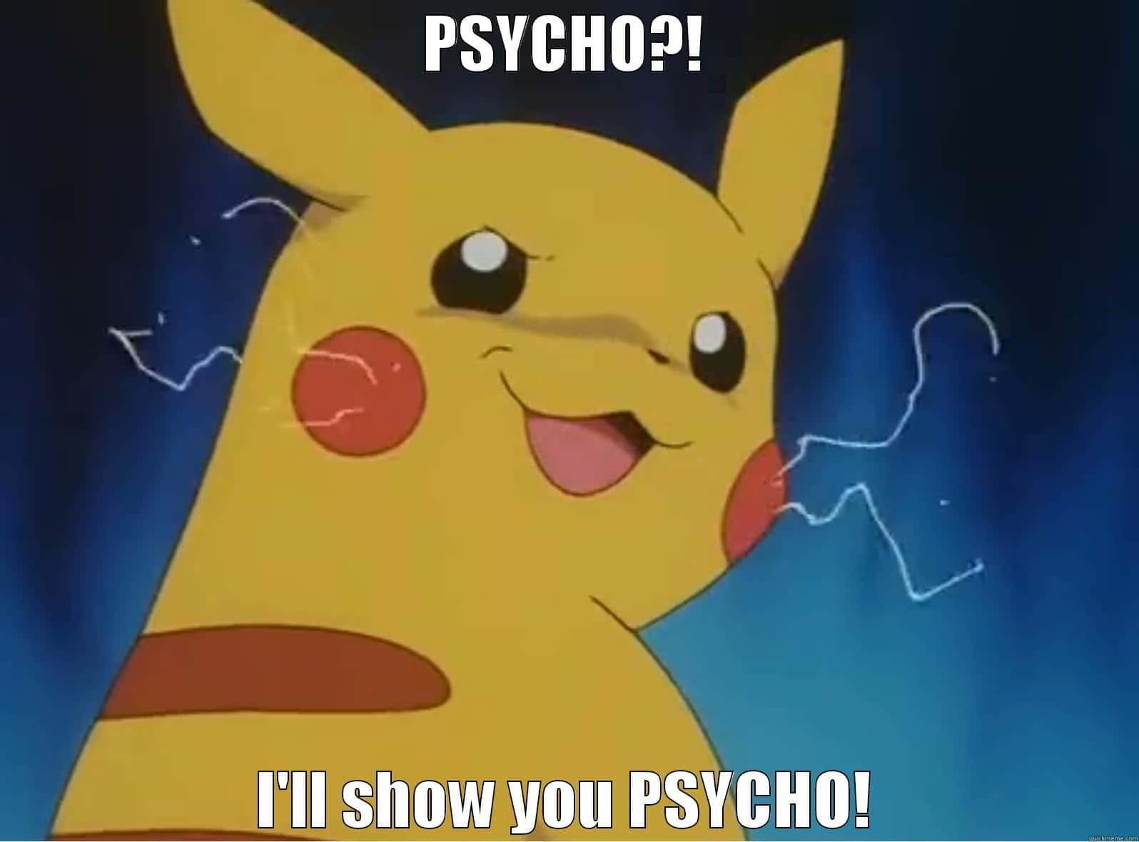 Pokemon Funny 桌布 壁紙 — 皮卡丘在深藍色背景上，頭部周圍有閃電，露出頑皮的笑容。