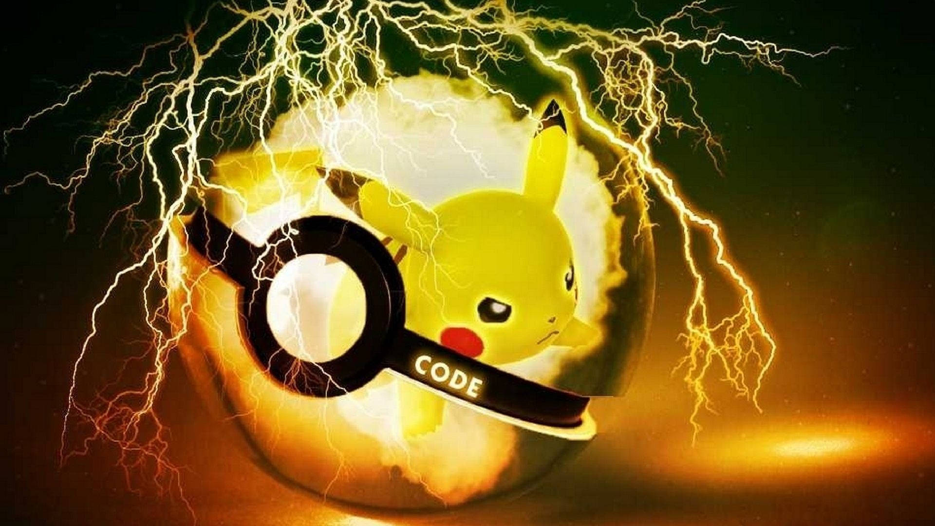 可愛寶可夢 桌布 壁紙 — 皮卡丘從發光的精靈球中爆出，被電擊包圍，背景是黑暗火熱的。