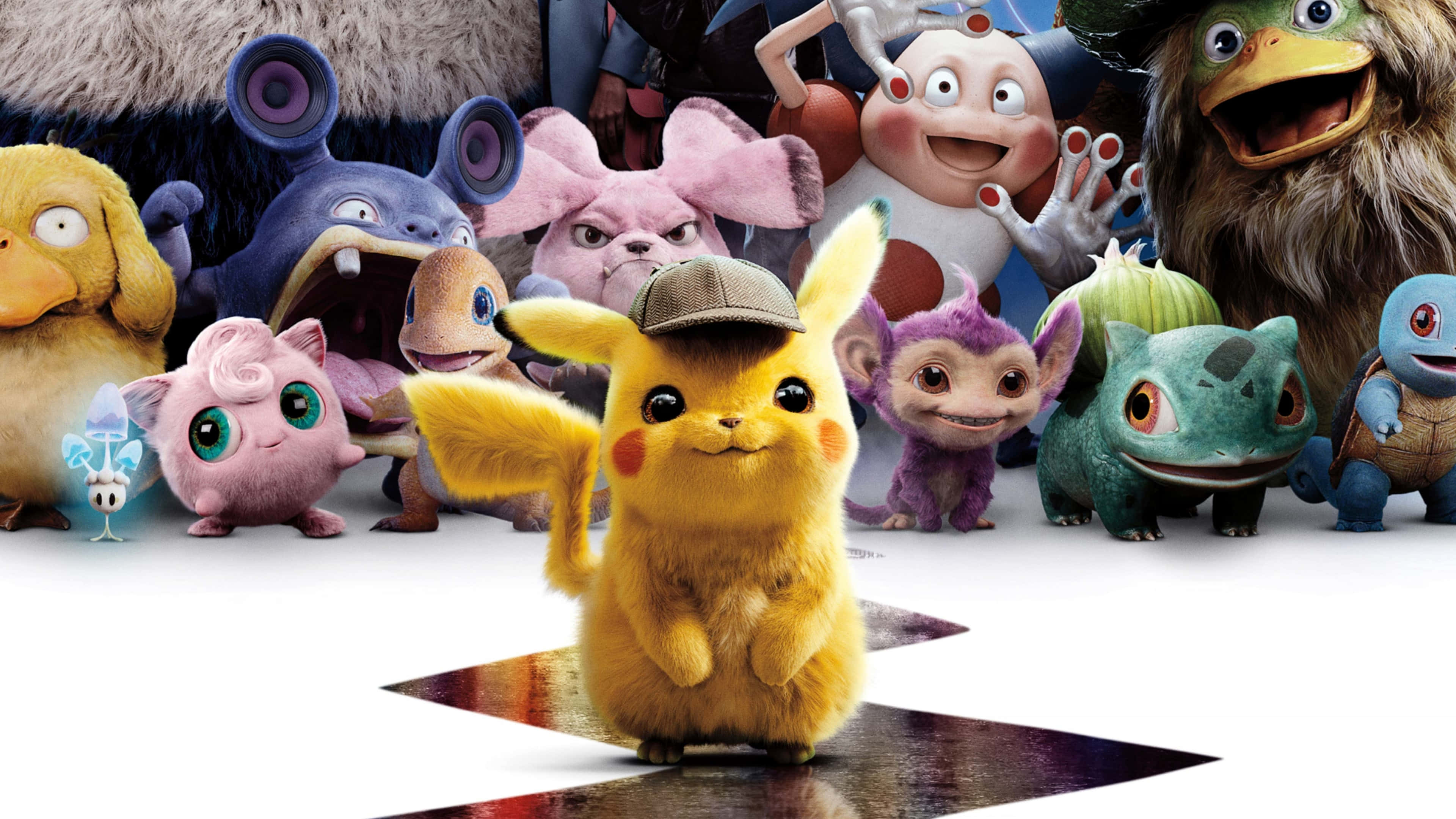 Pokemon Movies 桌布 壁紙 — 皮卡丘戴著偵探帽站在中央，被色彩繽紛的動畫寶可夢角色圍繞，背景為純白色。