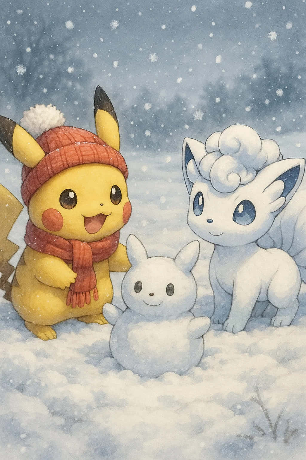 Pikachu HD Wallpaper WEBP 4K Background Download 壁紙 — 皮卡丘戴著紅色帽子和圍巾，在雪地森林中微笑，旁邊有一個雪人和一隻白色的伊布。