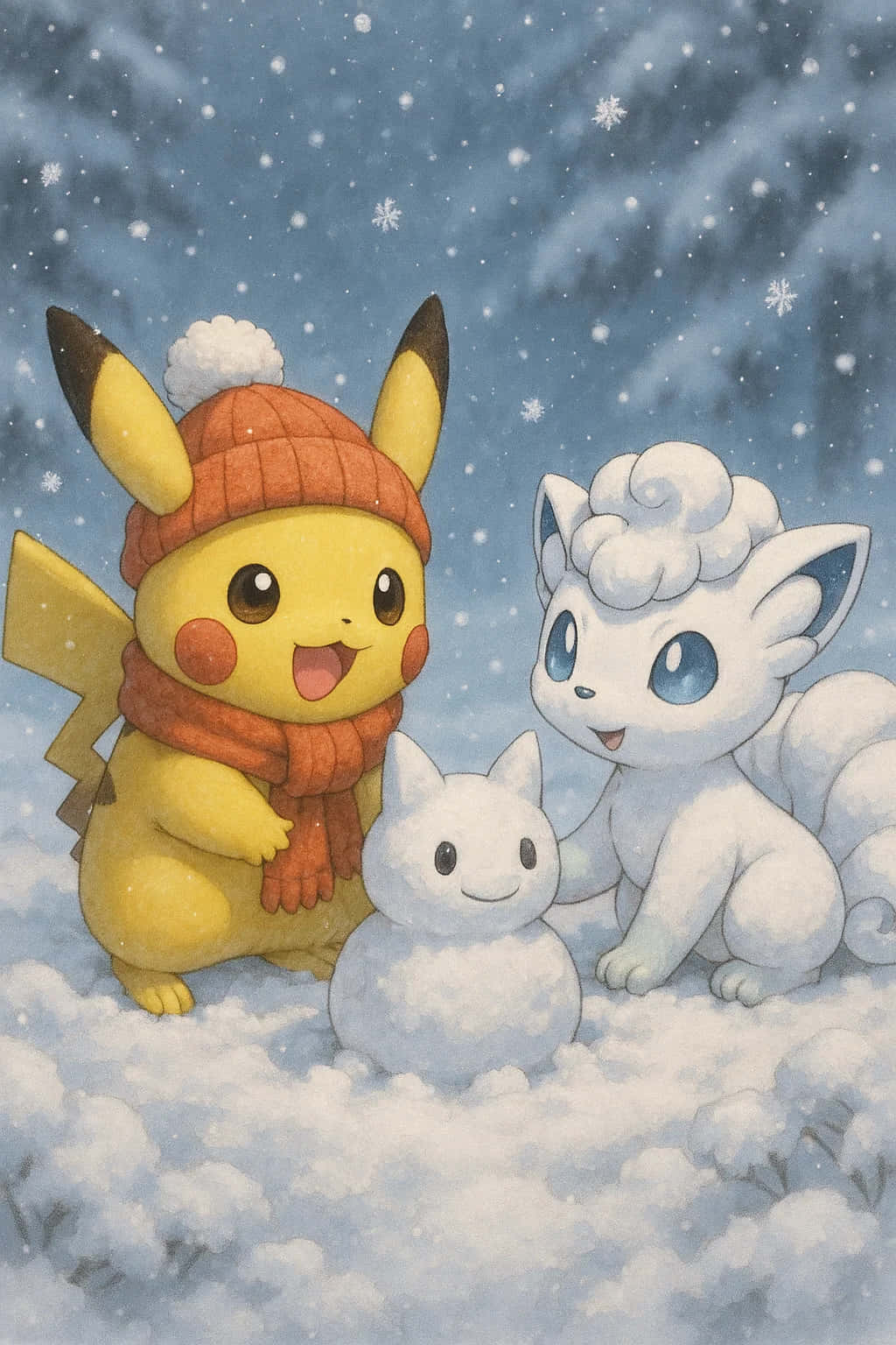 Pikachu HD Wallpaper WEBP 4K Background Download 壁紙 — 皮卡丘戴著紅色帽子和圍巾，在飄雪中微笑，旁邊有一個雪人和一隻毛茸茸的白狐狸。