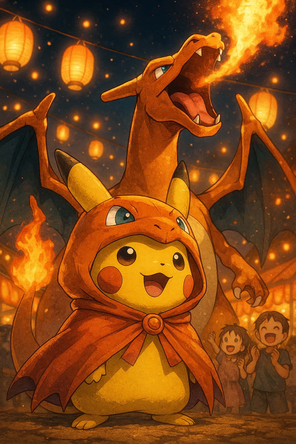 Charizard Pokemon HD Wallpaper WEBP 4K Background Download 壁紙 — 皮卡丘穿著噴火龍服裝，在發光的燈籠下噴火，背景中有孩子們在歡呼。