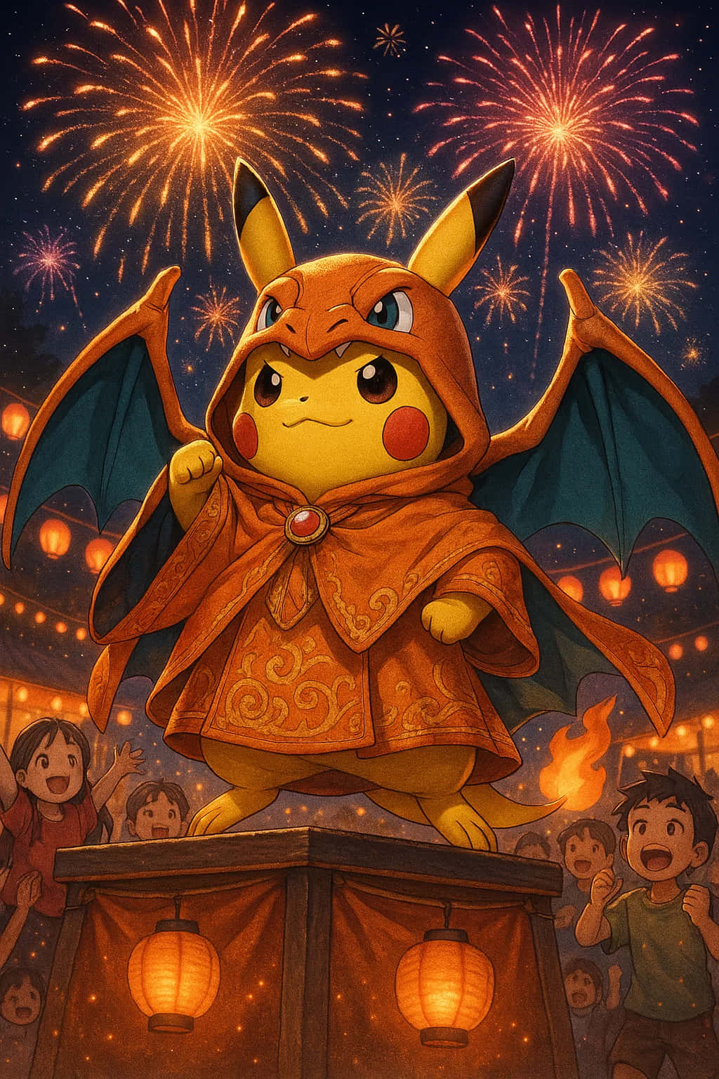 Pikachu HD Wallpaper WEBP 4K Background Download 壁紙 — 皮卡丘穿著龍主題橙色長袍，站在煙火和發光燈籠下的舞台上，孩子們在下面歡呼。