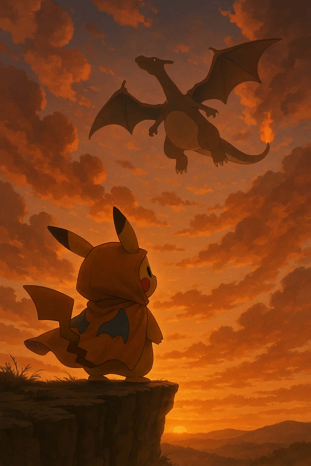 Pikachu HD Wallpaper WEBP 4K Background Download 壁紙 — 皮卡丘穿著龍的服裝站在懸崖上，看著一條真正的龍在火紅的橙色日落天空中翱翔。