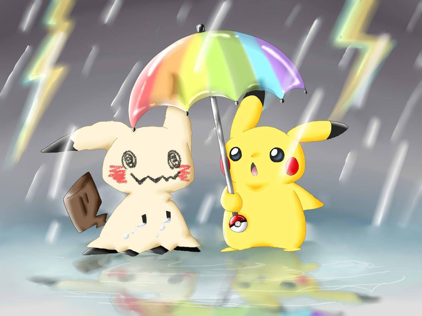 暴風 桌布 壁紙 — 皮卡丘與謎擬Q在雷電交加、水窪遍地的暴風雨場景中共享一把彩虹傘。