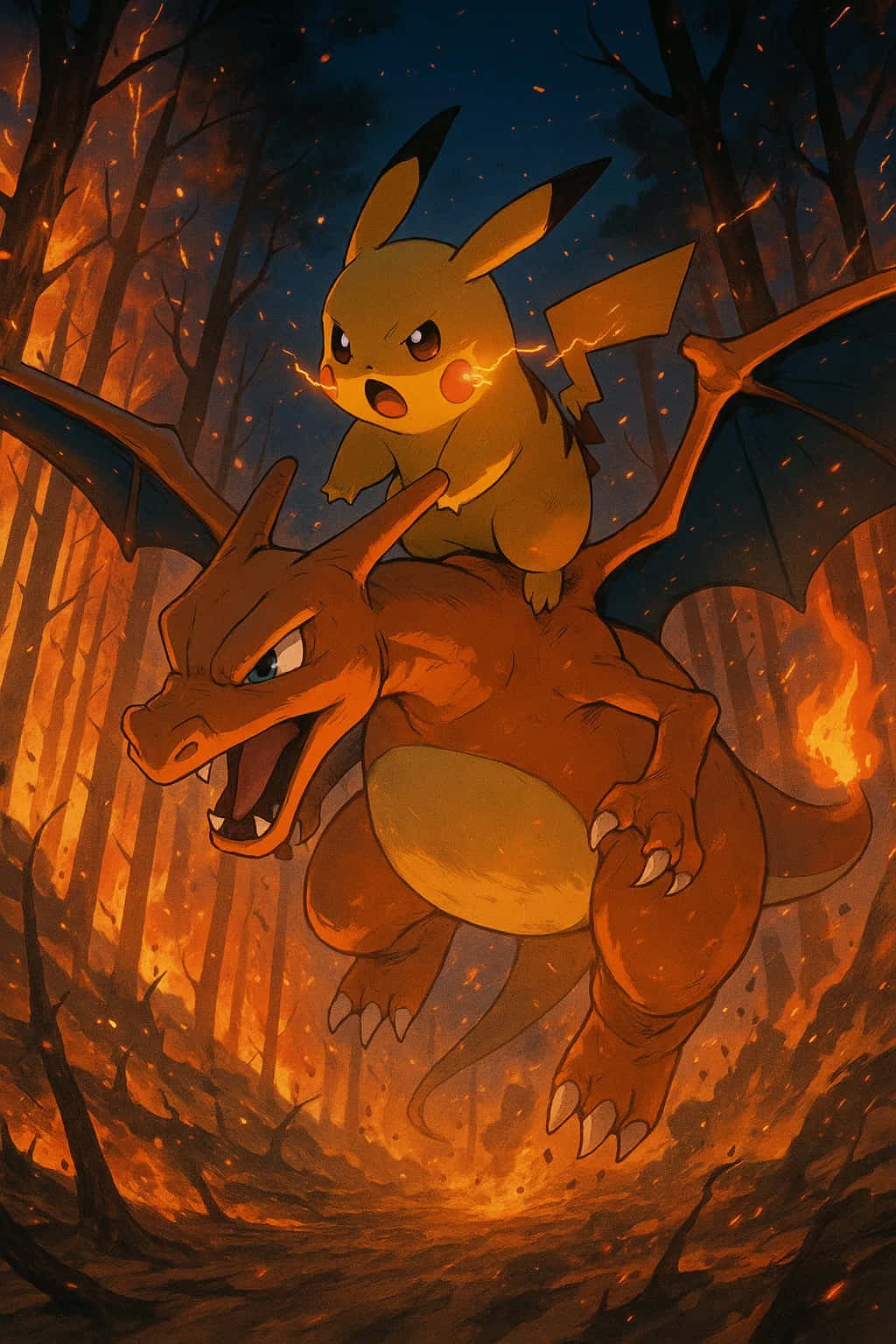 Pikachu HD Wallpaper WEBP 4K Background Download 壁紙 — 皮卡丘騎著咆哮的噴火龍穿過夜晚燃燒的森林，火花在他們周圍飛舞。