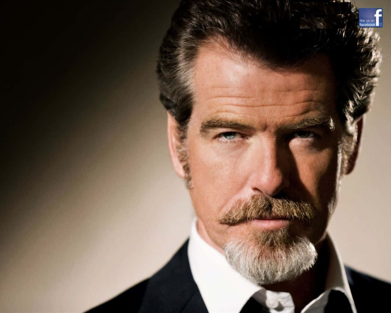 pierce brosnan 桌布 壁紙 — 皮爾斯·布洛斯南的特寫肖像，眼神銳利，身穿深色西裝和白襯衫，背景是柔和漸變色。