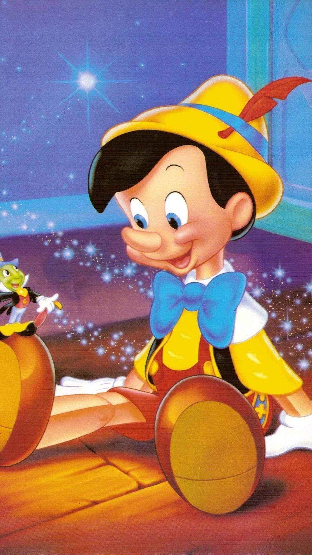 Pinocchio 桌布 壁紙 — 皮諾丘以木偶形態在吉明尼蟋蟀旁邊，在閃爍的星空下燦爛微笑。
