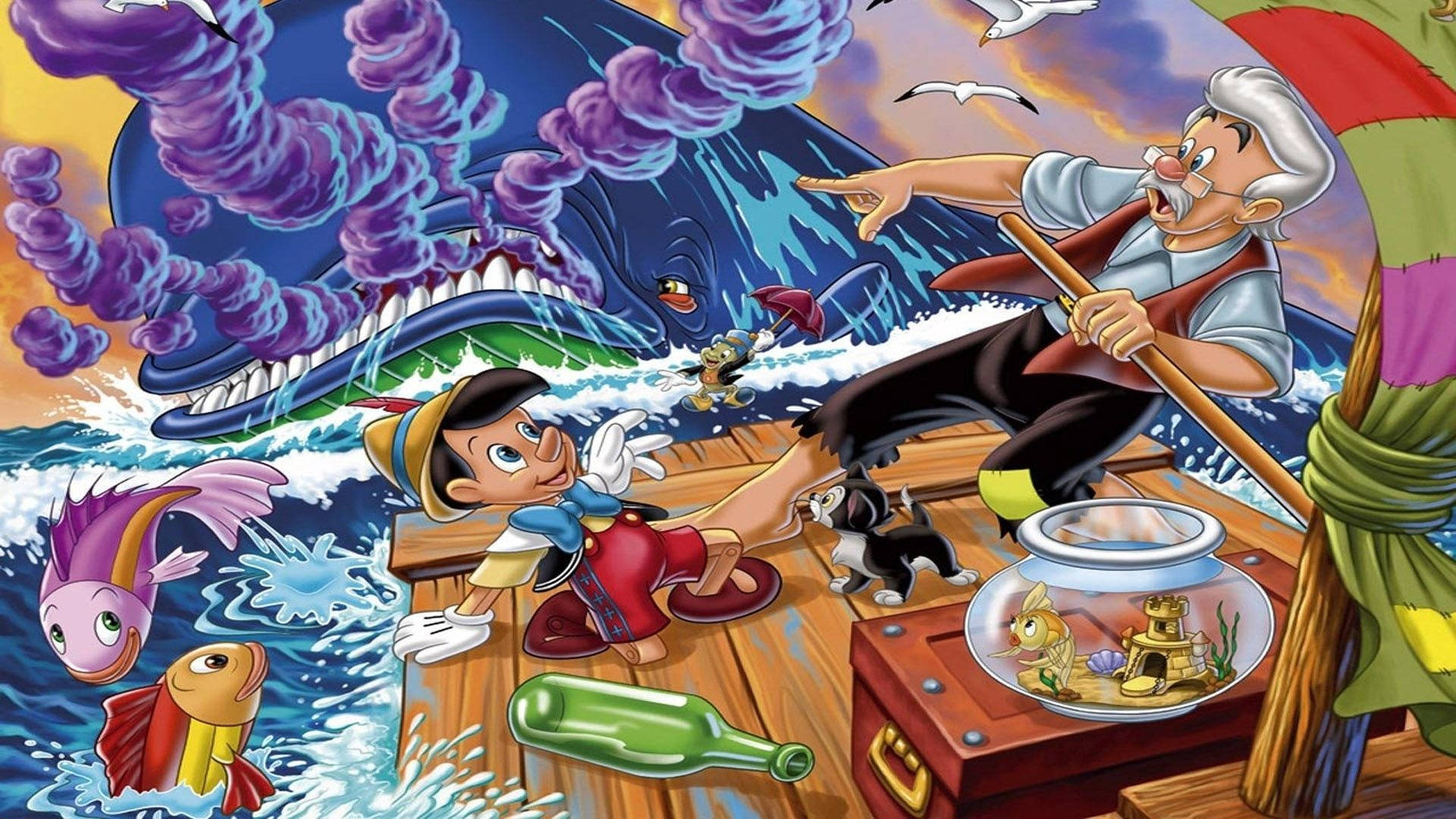Pinocchio 桌布 壁紙 — 皮諾丘和蓋比特在木筏上逃離一條巨鯨，周圍是色彩繽紛的魚類和風暴般的紫色天空。