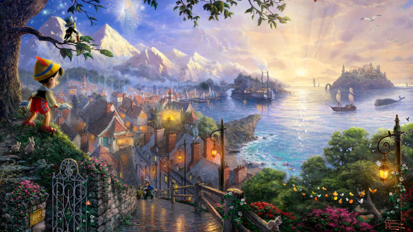 Disney Character 桌布 壁紙 — 皮諾丘站在山丘上，俯瞰日落時分充滿活力的沿海村莊，有積雪的山脈和港口的帆船。