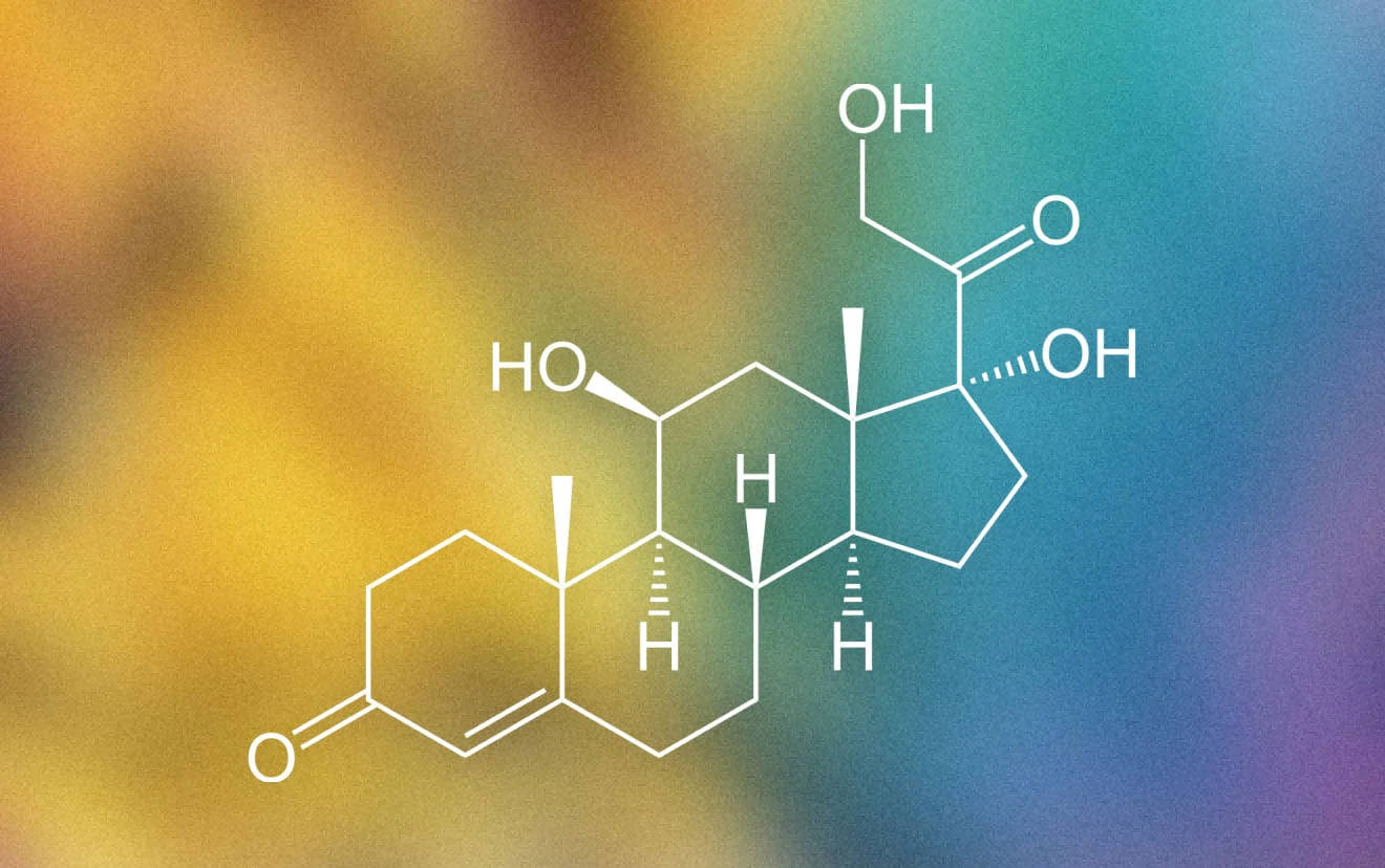 彩色漸變背景上的皮質醇分子化學圖 — 科學 GIF 壁紙