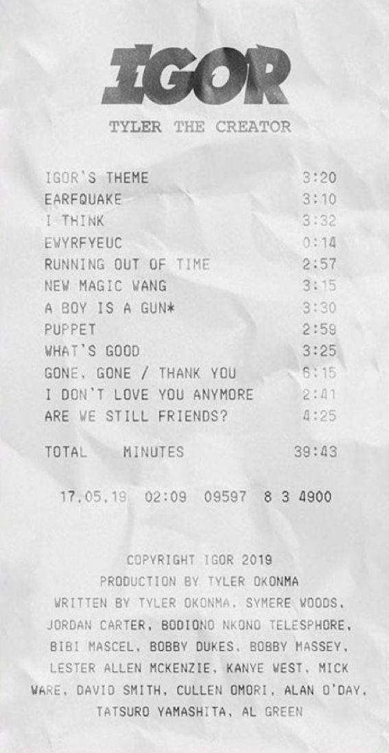 paper 桌布 壁紙 — 皺巴巴的紙張，顯示 Tyler the Creator 專輯《Igor》的曲目列表，包含歌曲名稱和時間戳。