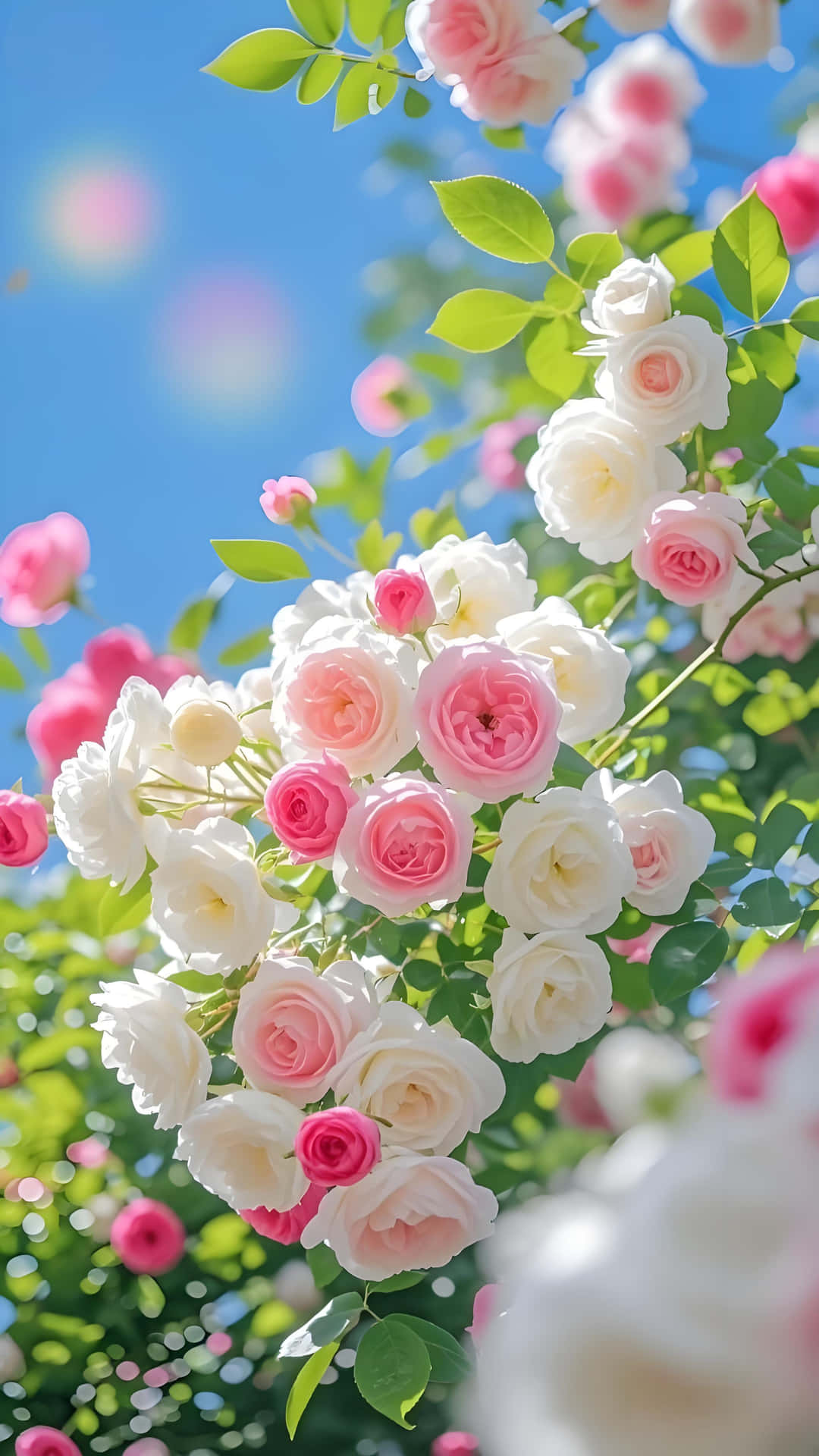 Pink White Roses: Romantic Garden Floral Wallpaper 壁紙 — 盛開的粉紅色和白色玫瑰在明亮的藍天下層疊，帶有柔和的散景高光。