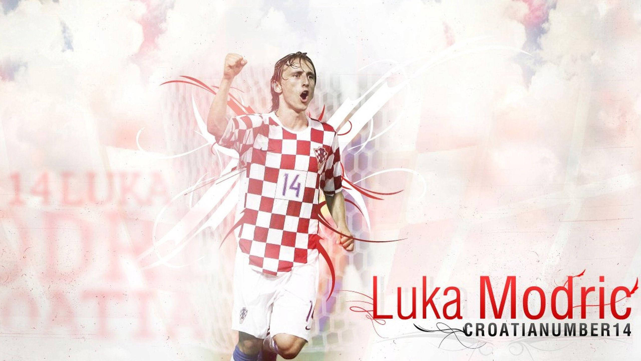 Croatia 桌布 壁紙 — 盧卡·莫德里奇身穿紅白格紋克羅埃西亞球衣，高舉拳頭慶祝的動態數位插圖。