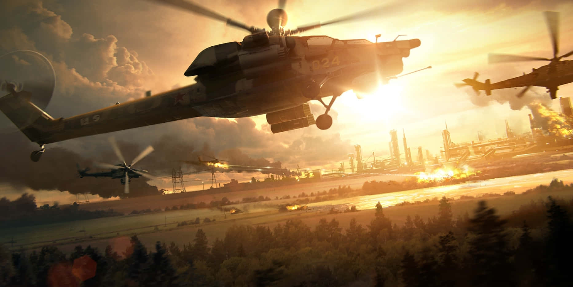 Helicopters 桌布 壁紙 — 直升機在日落時分飛越燃燒的工業城市，穿過煙霧和火焰投射出金色光芒。