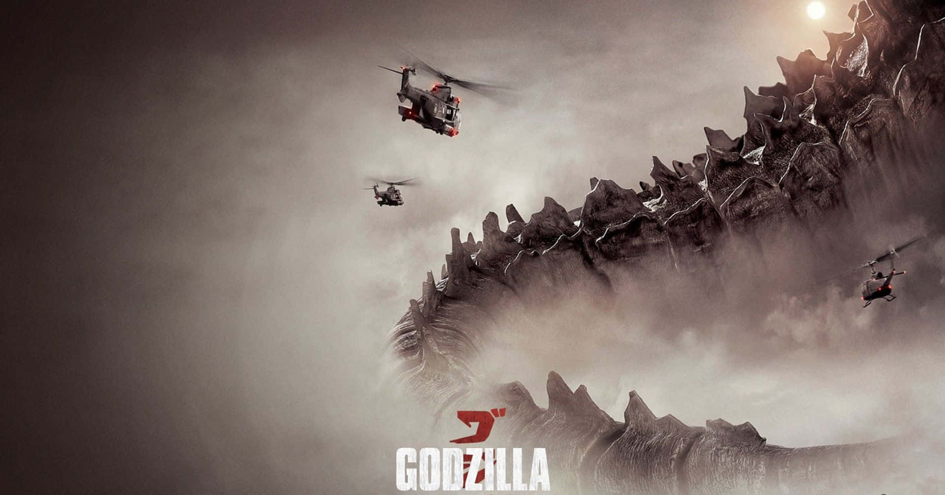 Godzilla 2014 桌布 壁紙 — 直升機在耀眼的太陽下，與從迷霧雲層中出現的巨大哥吉拉戰鬥。
