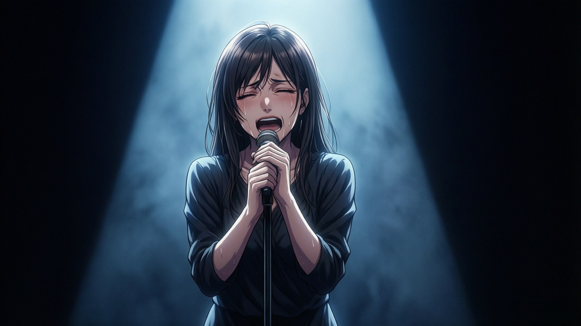 真冬的獨唱表演 壁紙 — 一位年輕的動漫女孩在黑暗舞台上的戲劇性聚光燈下，對著麥克風熱情歌唱。