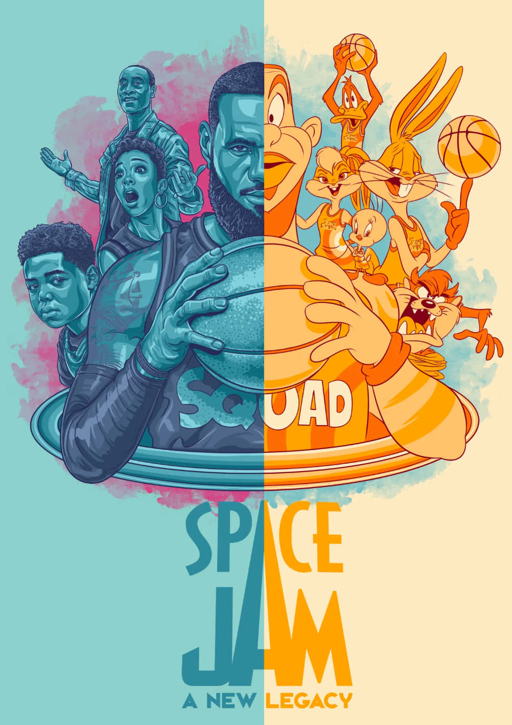 勒布朗·詹姆斯 桌布 壁紙 — 真實籃球運動員和樂一通角色手持帶有「SPACE JAM A NEW LEGACY」文字的籃球的分屏插圖。