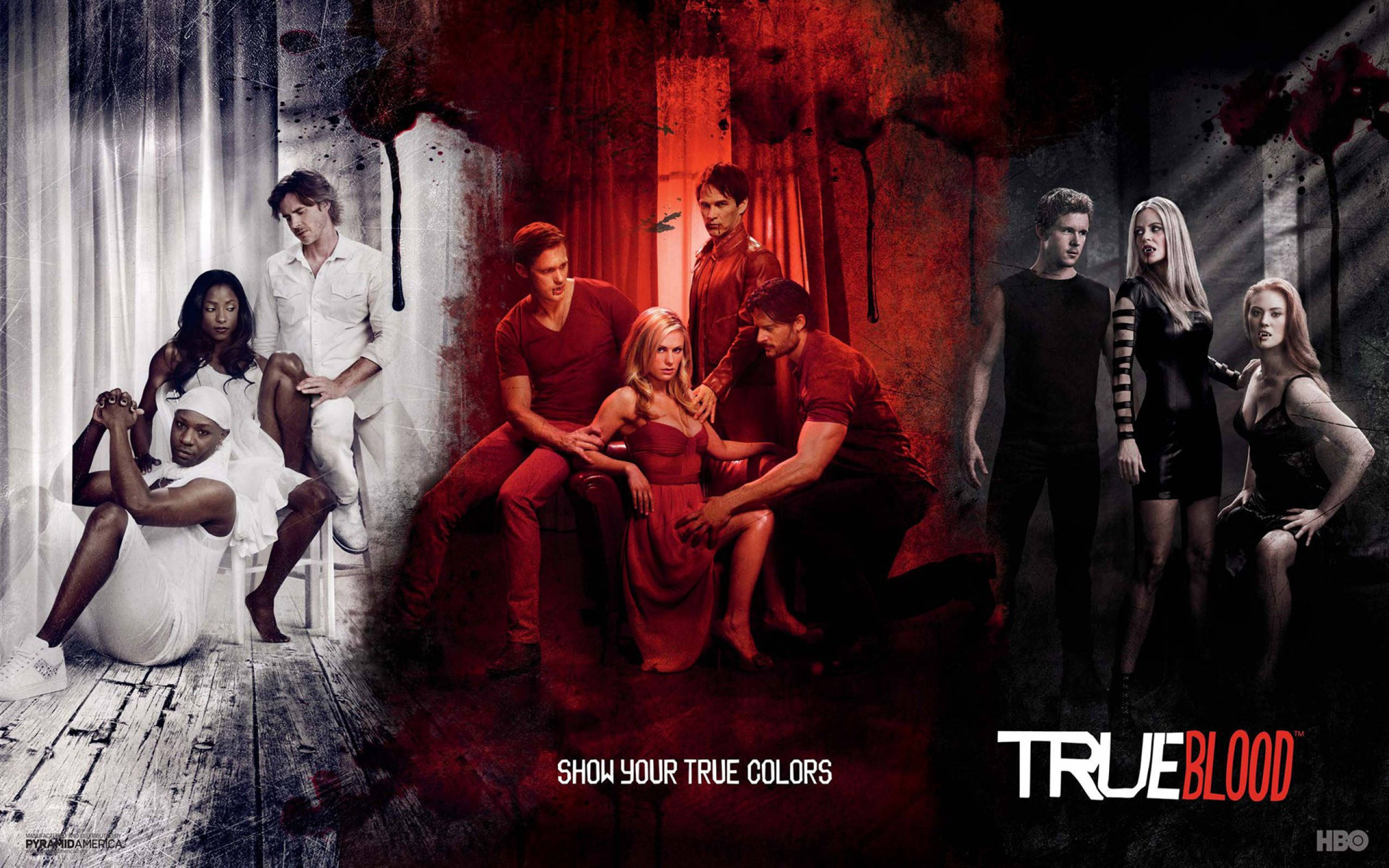 True Blood 桌布 壁紙 — 《真愛如血》演員的戲劇性群像，以紅色和白色色調分割，並帶有血濺效果。