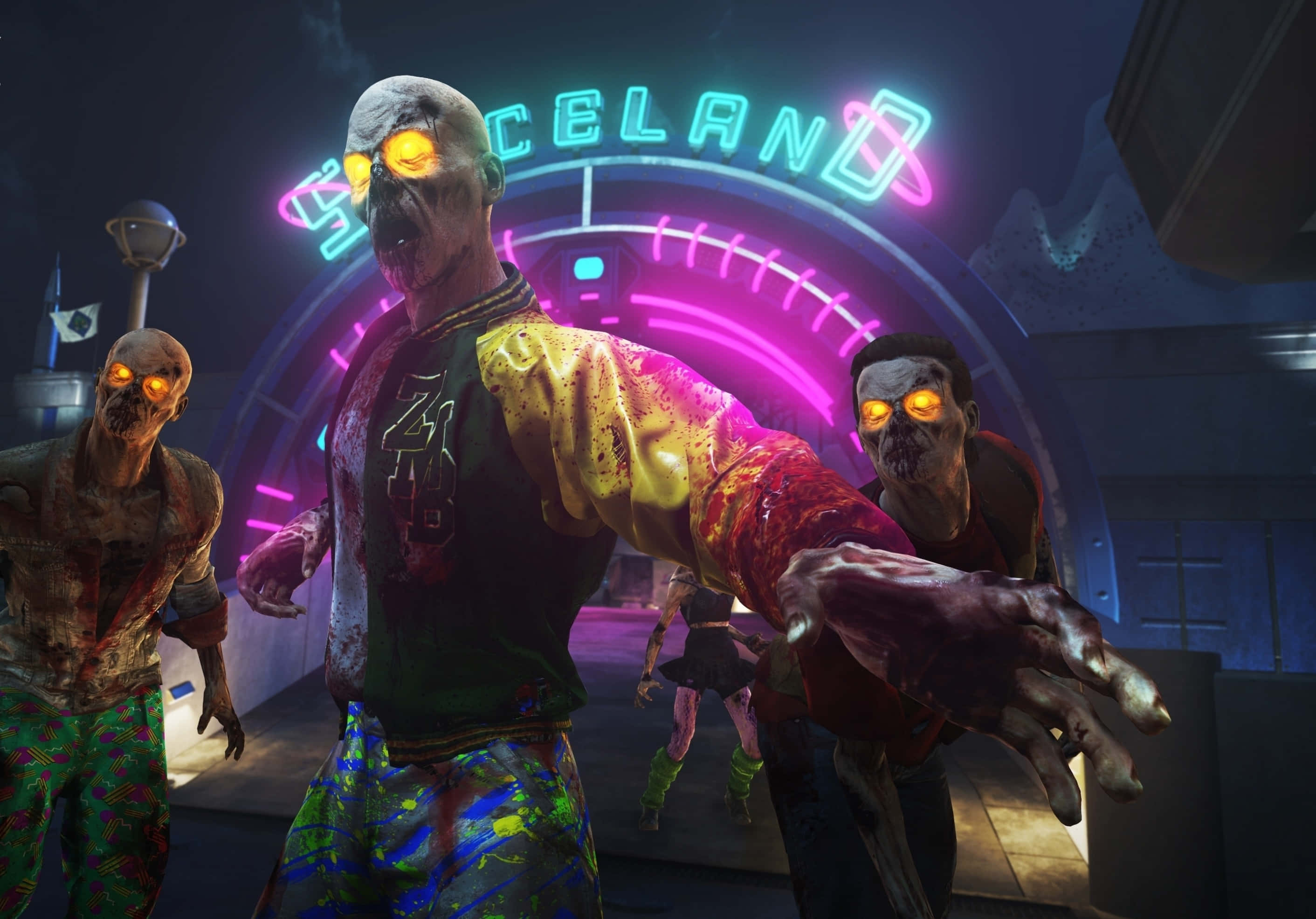 zombies 桌布 壁紙 — 眼睛發光、身穿彩色污漬衣服的殭屍在黑暗的城市環境中，在霓虹燈標誌下前進。