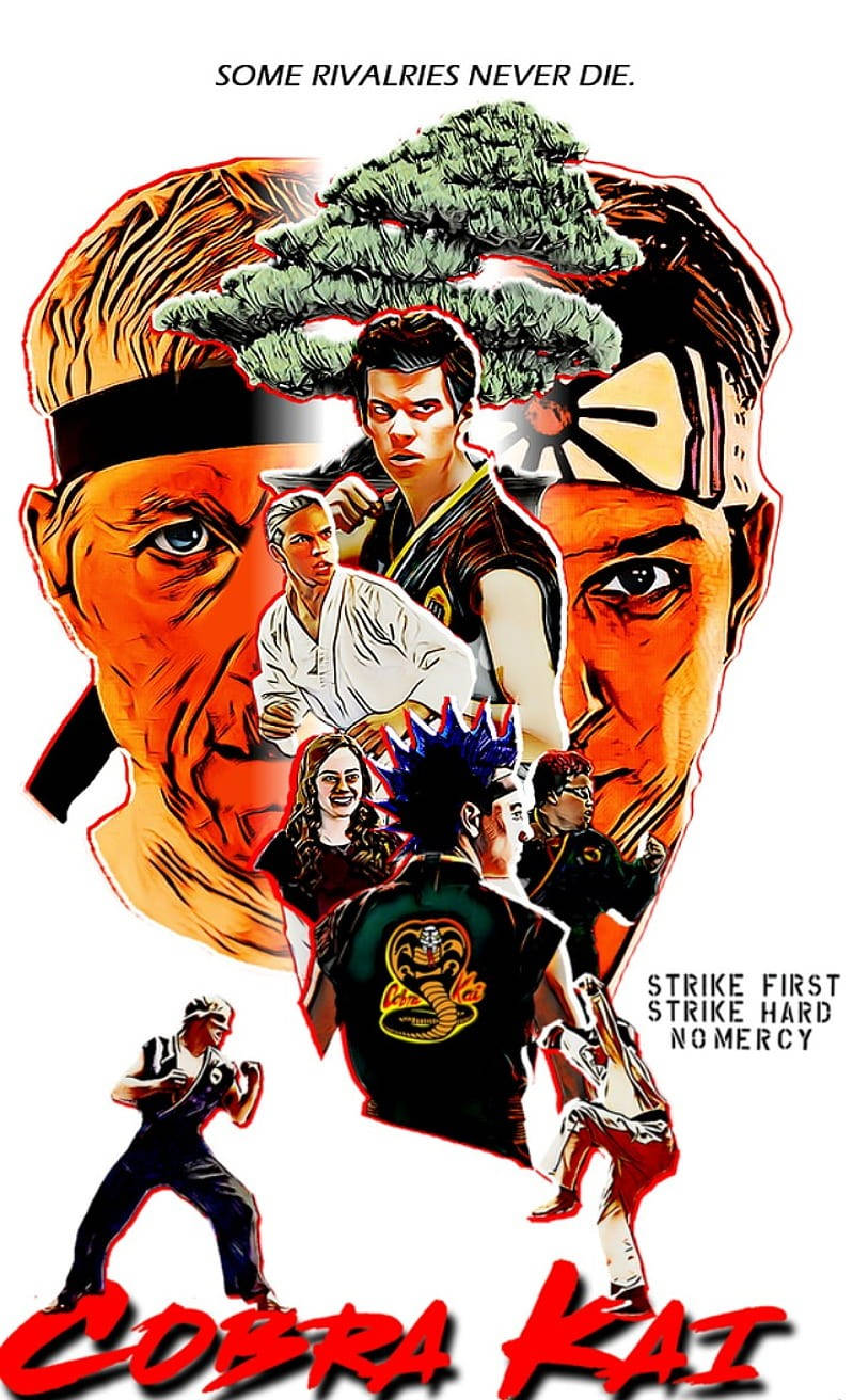 Cobra Kai Phone 桌布 壁紙 — 眼蛇會角色以武術姿勢呈現的鮮豔插畫海報，帶有粗體紅色標題和戲劇性燈光。