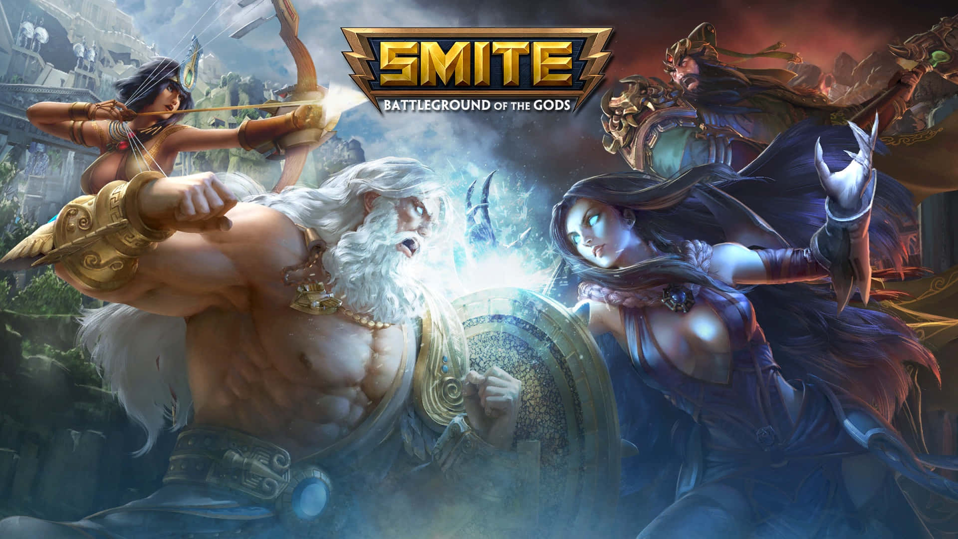 Moba Games 桌布 壁紙 — 眾神在史詩般的戰鬥中碰撞，手持發光武器和神聖能量，背景是風暴般的神話場景。