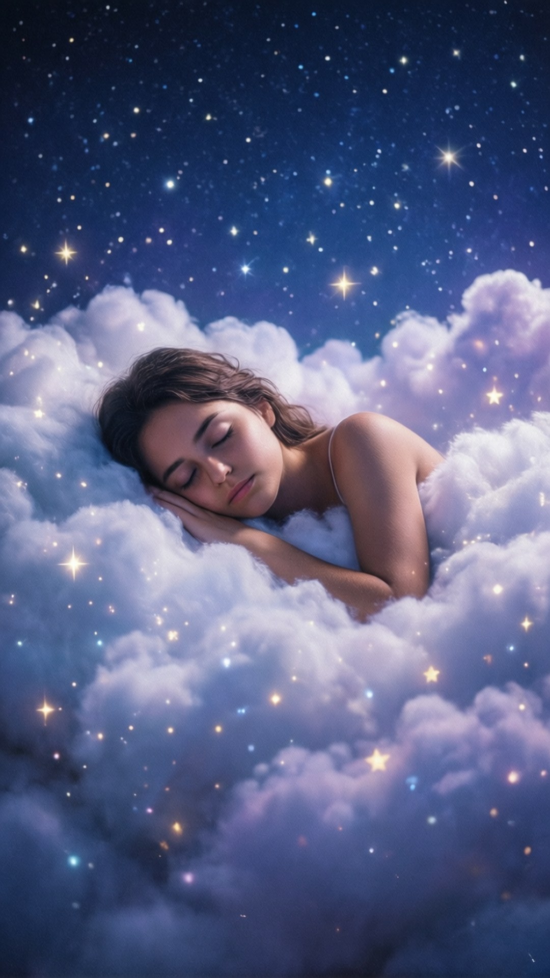 睡在雲端上 壁紙 — 一位寧靜的女性在閃爍的星空下，安詳地睡在發光的雲朵上，伴隨著閃爍的天體光芒。
