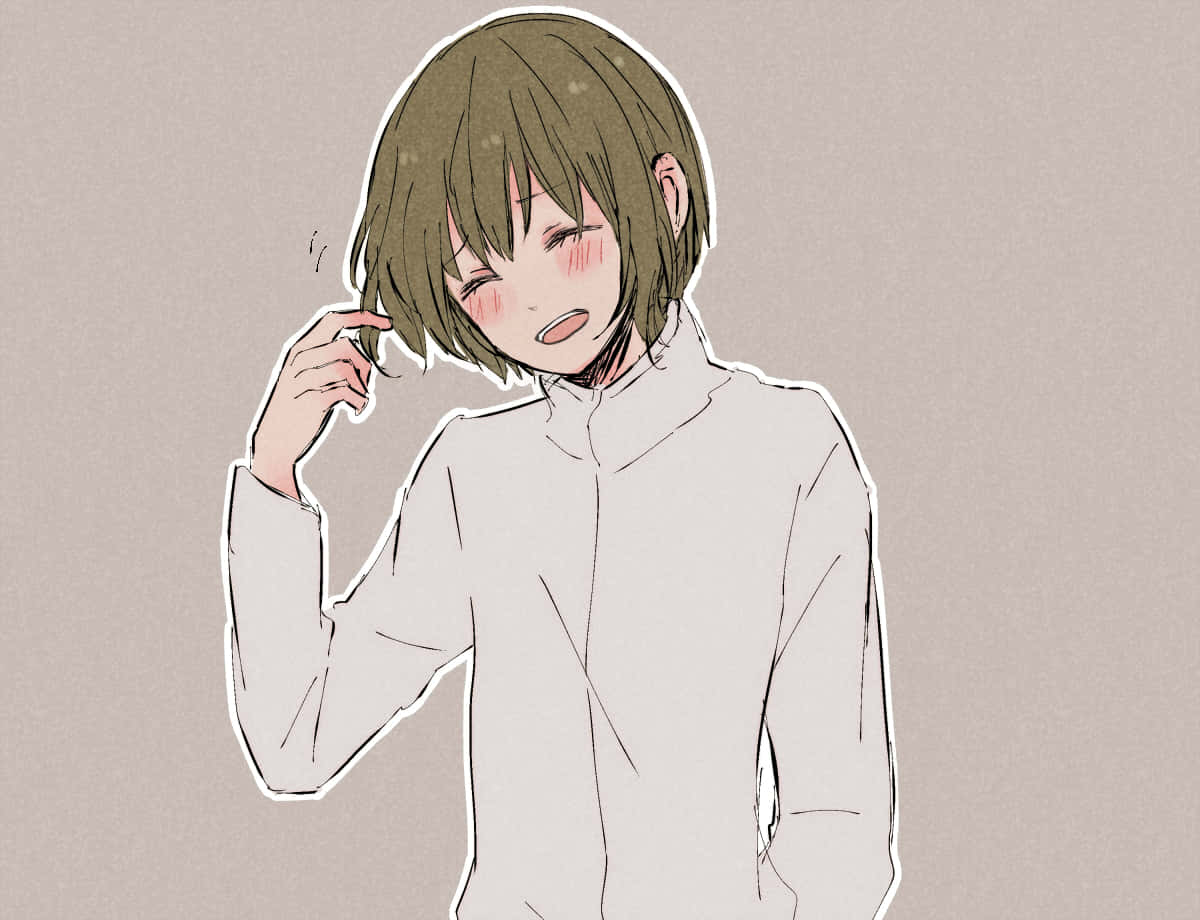 Hinami Fueguchi 桌布 壁紙 — 短棕髮、臉頰泛紅的動畫女孩，穿著白色襯衫，緊張地撥弄頭髮。