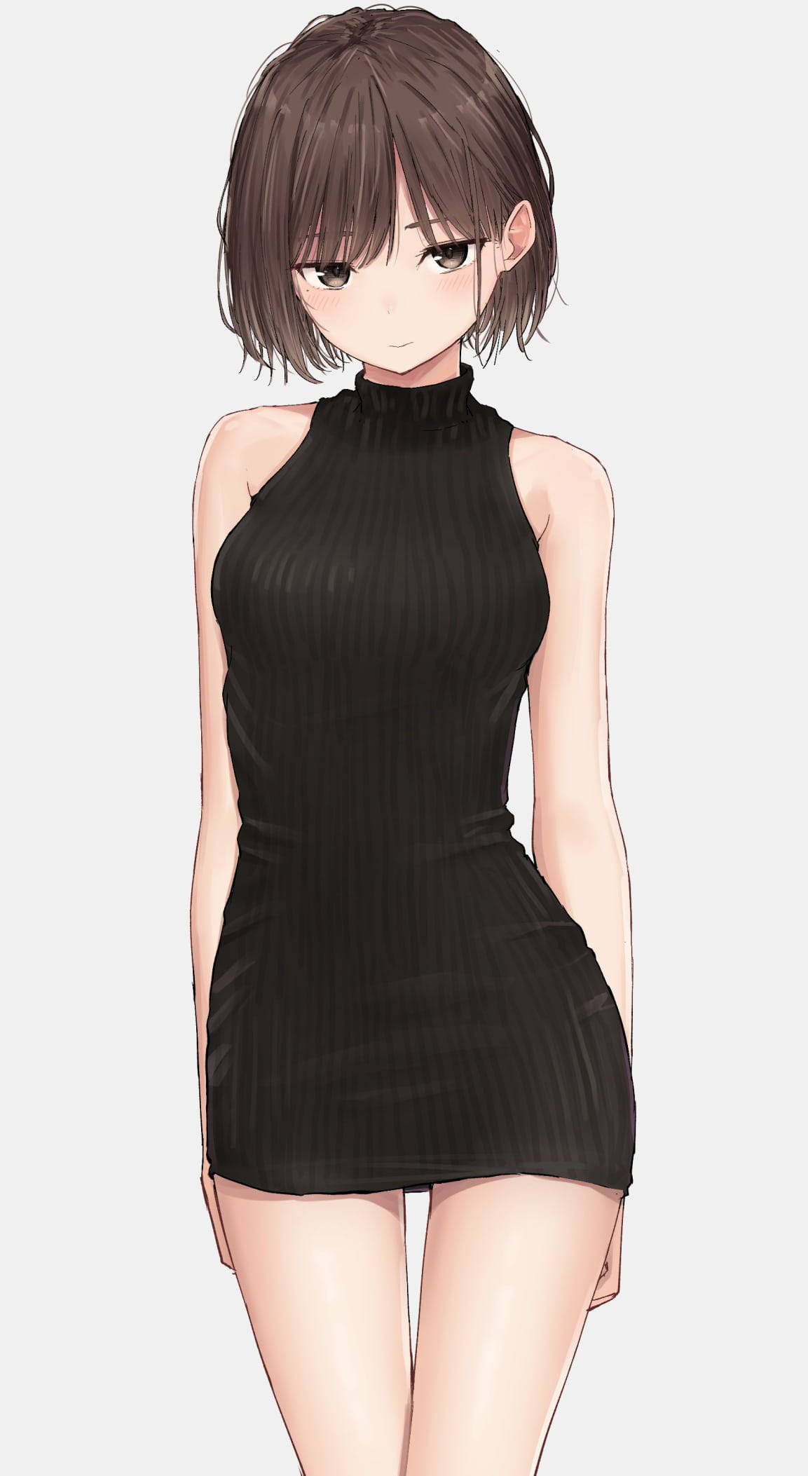 動漫女孩 桌布 壁紙 — 短棕髮動漫女孩穿著黑色羅紋掛頸連衣裙，背景為純淺灰色。
