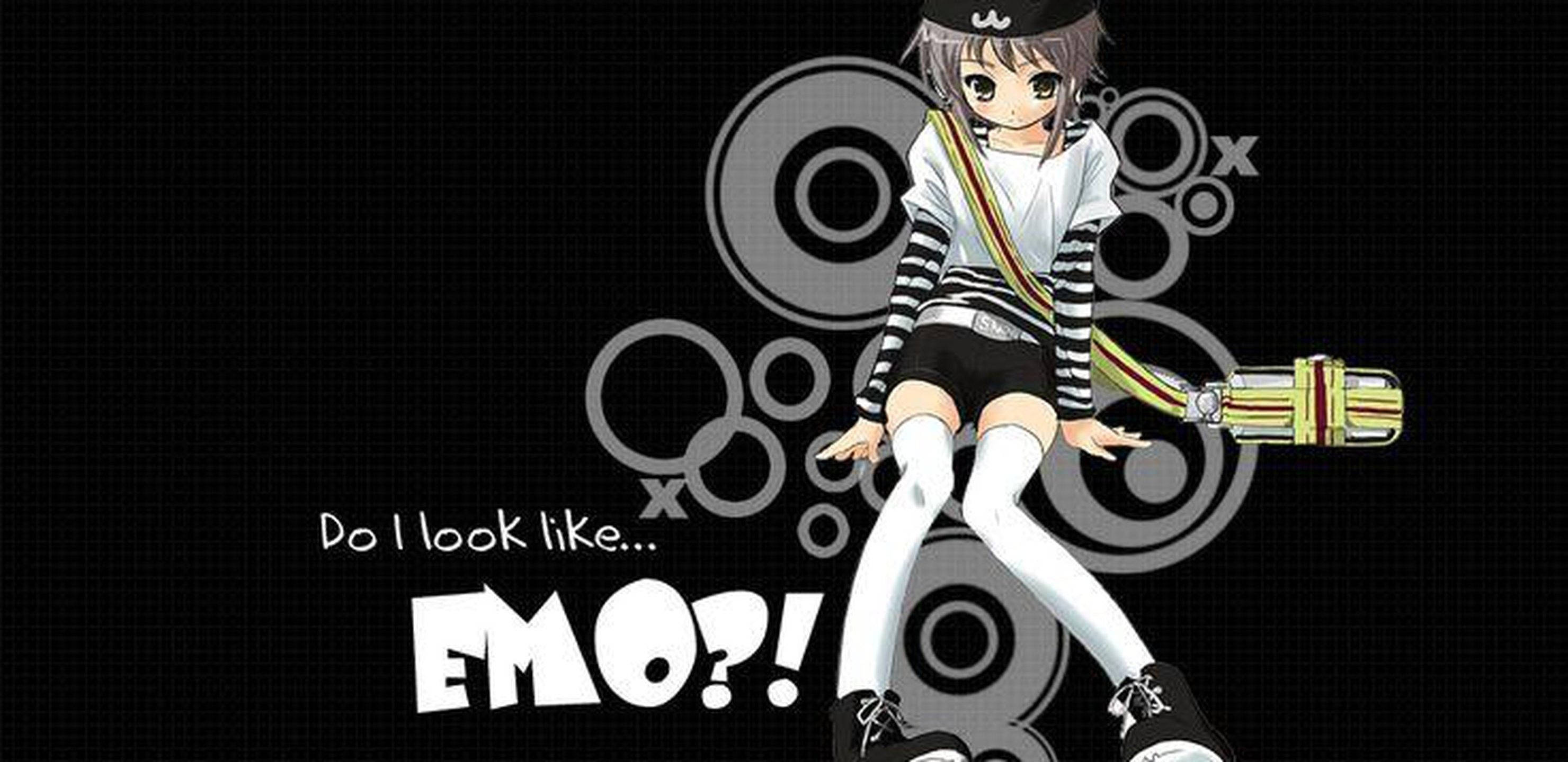 emo 桌布 壁紙 — 短灰髮動漫女孩穿著條紋襯衫，在帶有揚聲器圖形的黑色背景前拿著吉他擺姿勢。