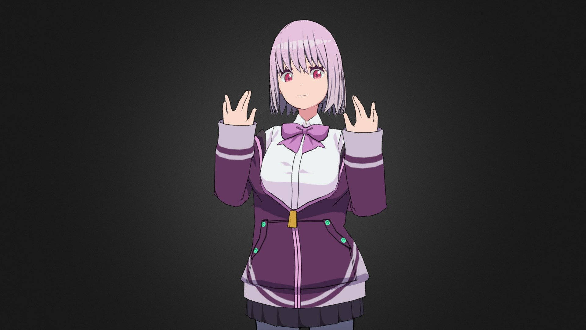 Vrchat 桌布 壁紙 — 短紫髮紅眼動漫少女穿著帶白色點綴和蝴蝶結的紫色校服，在深色背景前舉手擺姿勢。