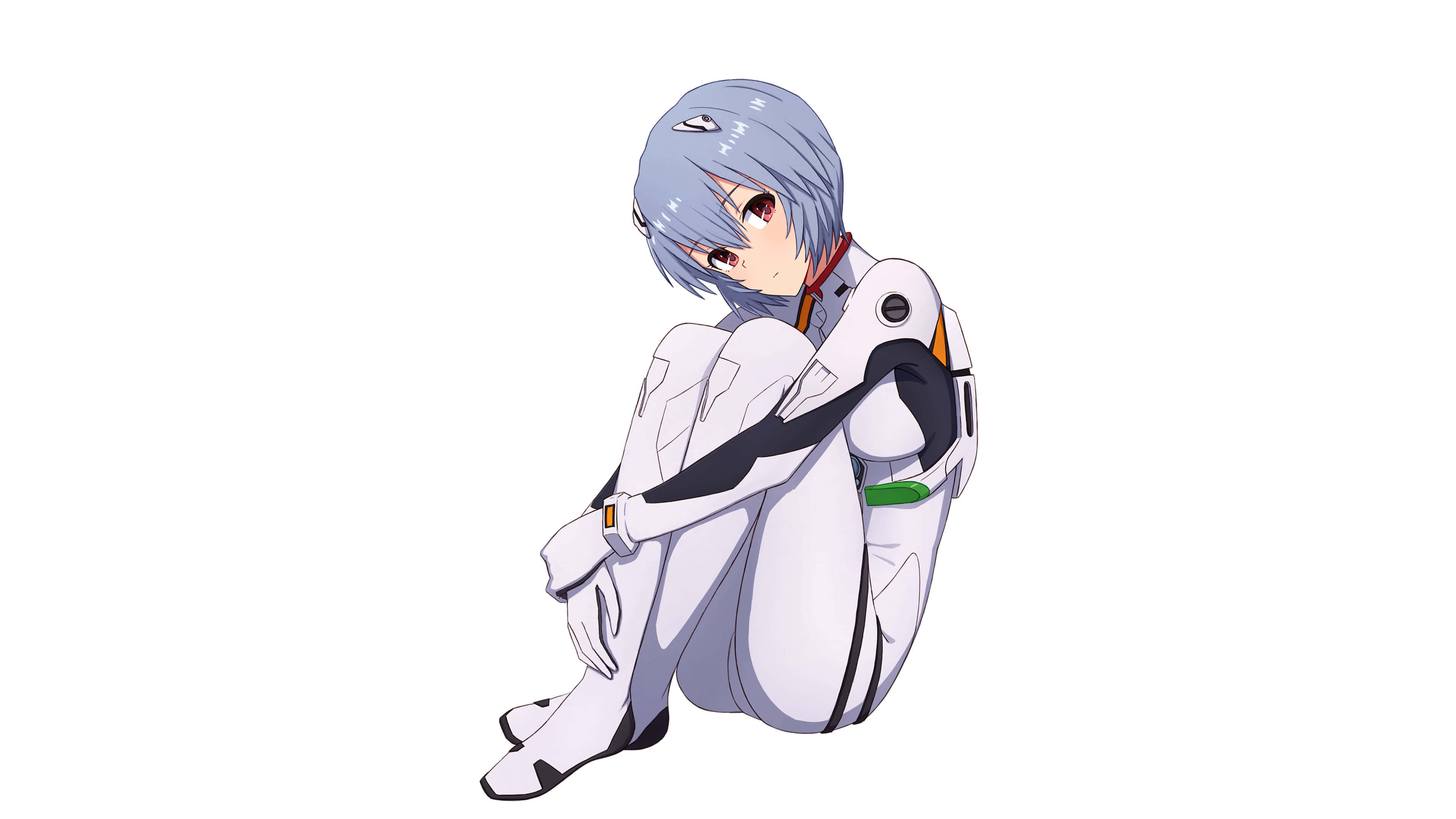rei ayanami 桌布 壁紙 — 短藍發動漫女孩穿著白色連體衣蜷縮在純白背景上。