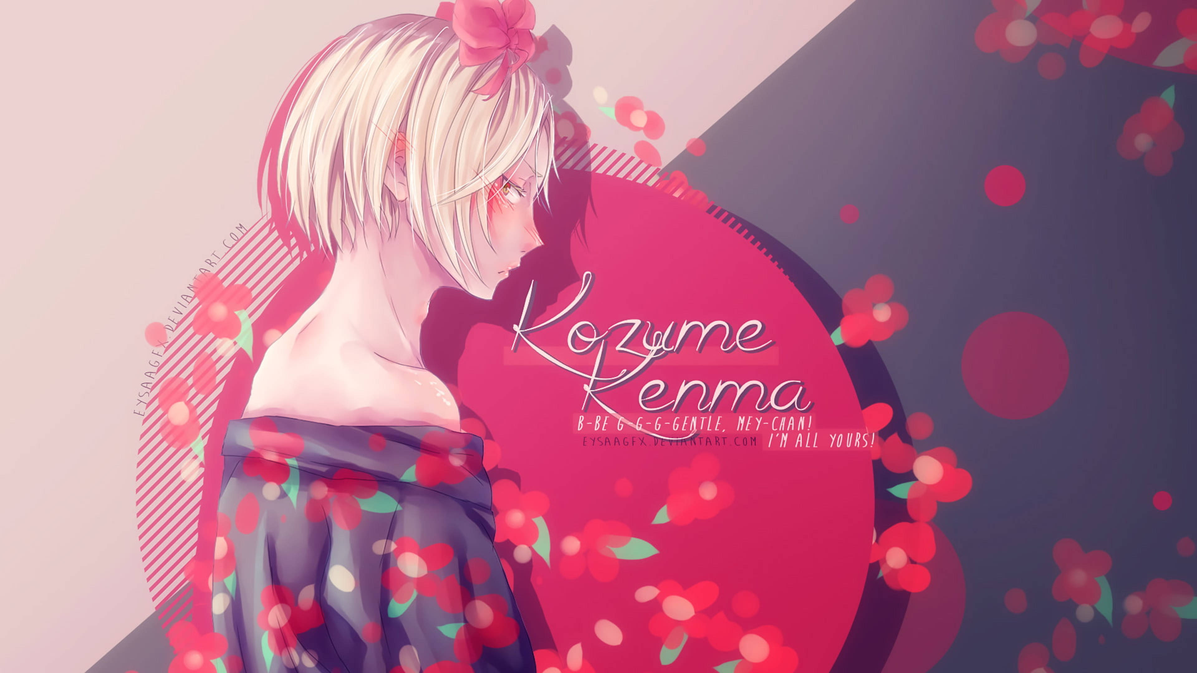 Kenma Kozume 桌布 壁紙 — 短金髮、戴粉紅色蝴蝶結的動漫少女，在飄浮的櫻花中側視，背景為粉紅色和深藍色。