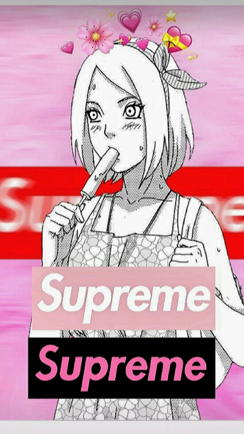 supreme 桌布 壁紙 — 短髮動漫女孩在粉紅色背景上吃冰淇淋，背景有心形和Supreme標誌。