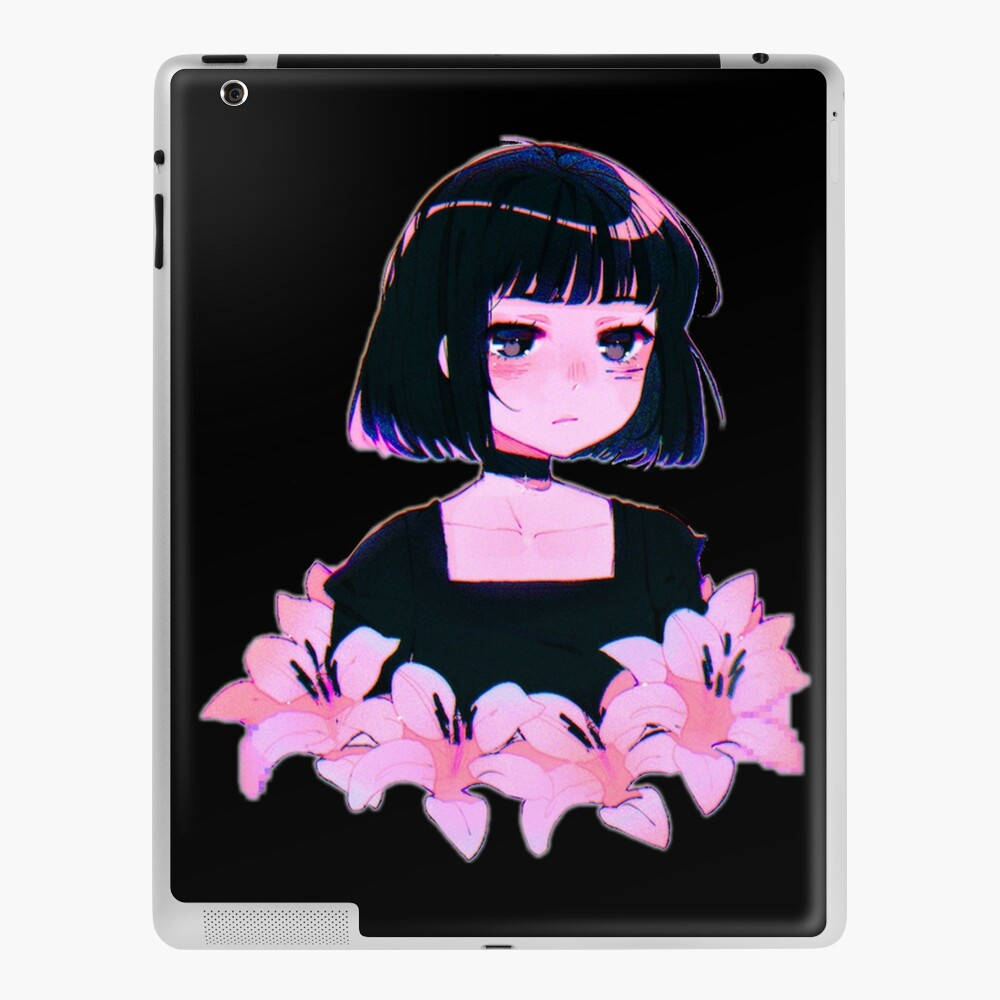 Anime Girl Aesthetic 桌布 壁紙 — 短黑髮、帶粉紅色發光輪廓的動漫女孩，在黑色背景前手持粉紅色百合花。
