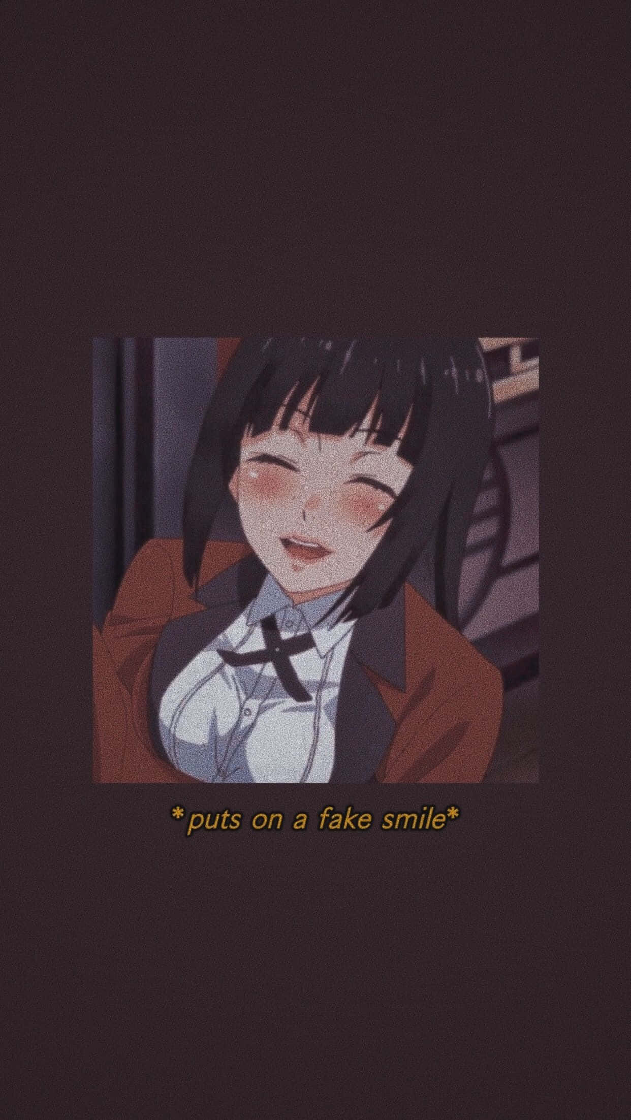 Kakegurui 桌布 壁紙 — 短黑髮、玫瑰色臉頰的動漫女孩，穿著棕色西裝外套和白色襯衫，露出假笑。