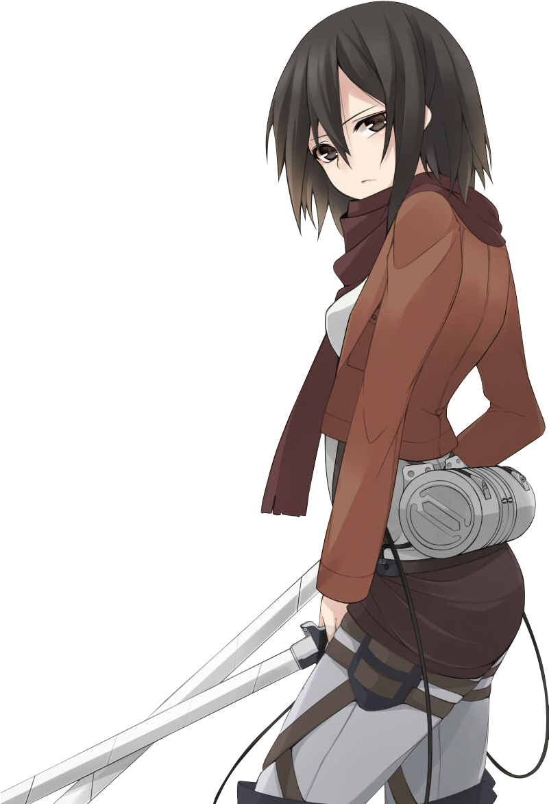 Mikasa Ackerman 桌布 壁紙 — 短黑髮、眼神堅定的動漫女孩，在純黑背景中手持劍。