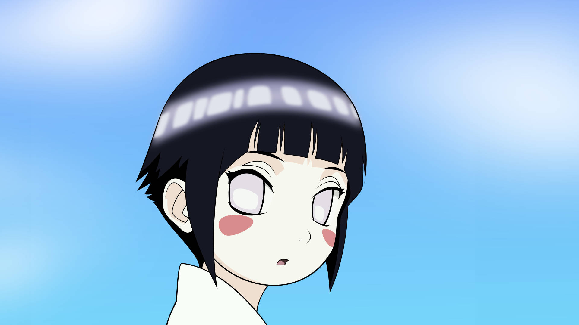 Hinata Hyuga 桌布 壁紙 — 短黑髮、臉頰泛紅的動漫女孩，仰望柔和藍天漸變背景。