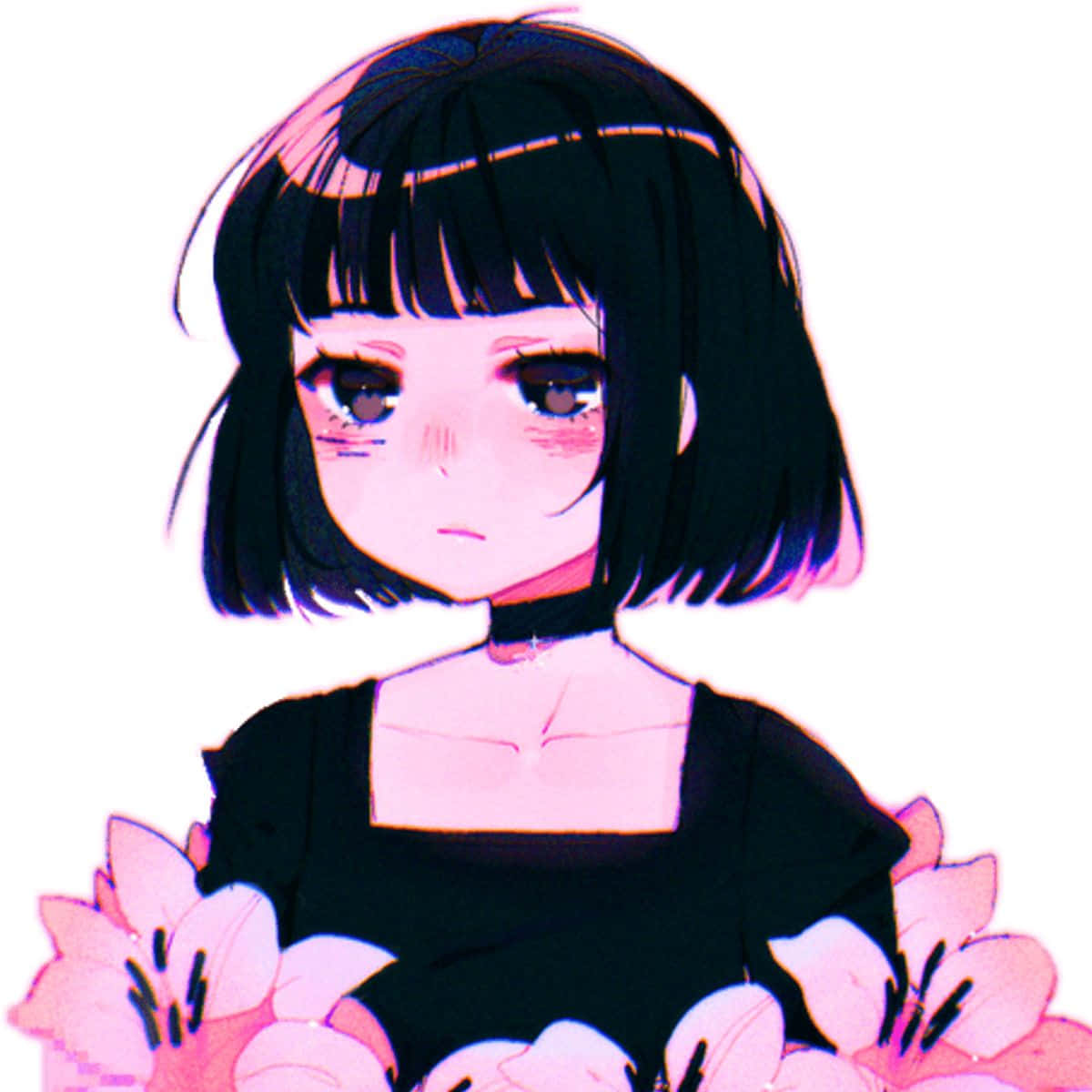 Aesthetic Pink Anime 桌布 壁紙 — 短黑髮、臉頰泛紅的動漫女孩，在純白背景前手持粉紅百合。