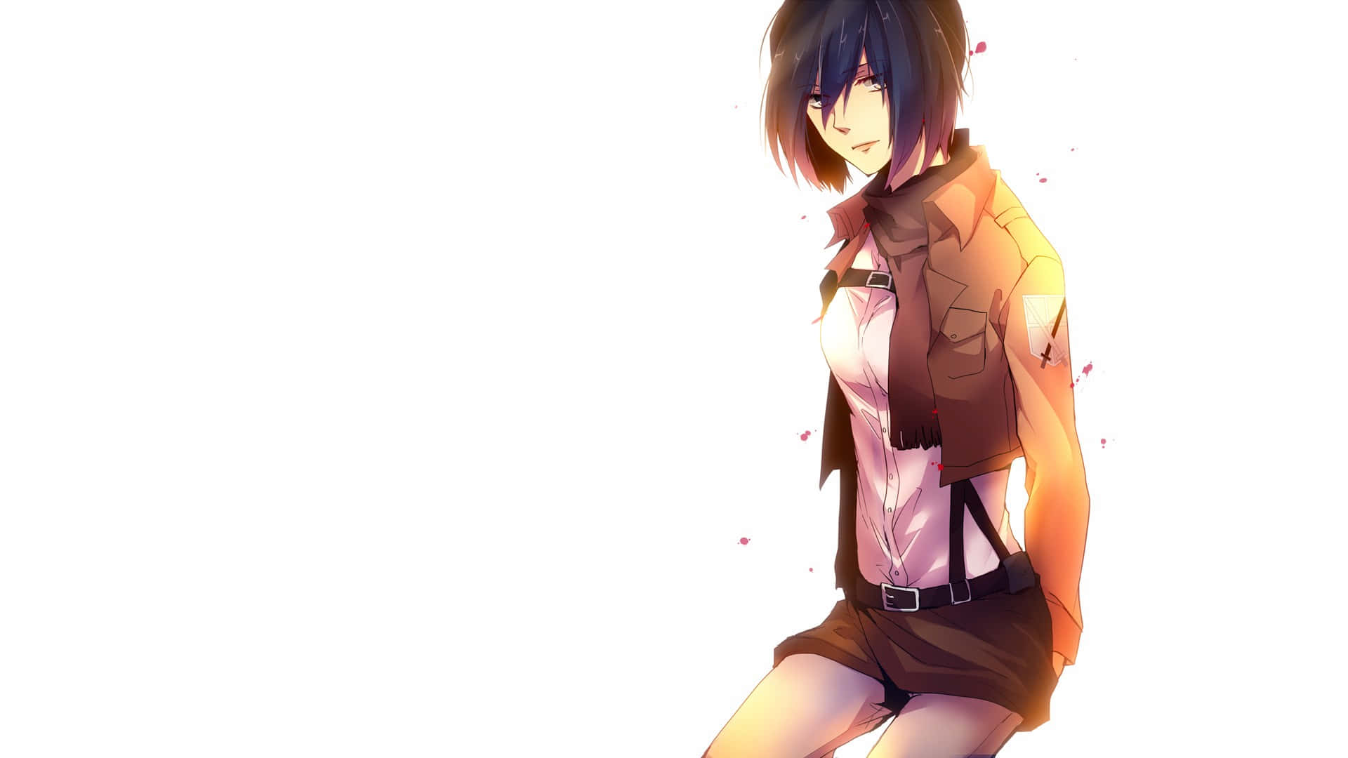 Mikasa Ackerman 桌布 壁紙 — 短黑髮的動畫女孩在溫暖的燈光下，站在純白色背景前，柔和的粉紅色花瓣在她周圍飄浮。