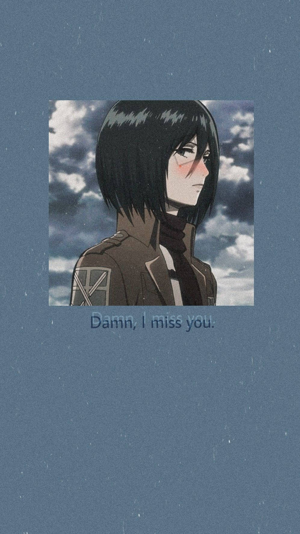 Mikasa 桌布 壁紙 — 短黑髮紅臉頰的動漫角色，若有所思地凝視著多雲的天空，下方有文字。