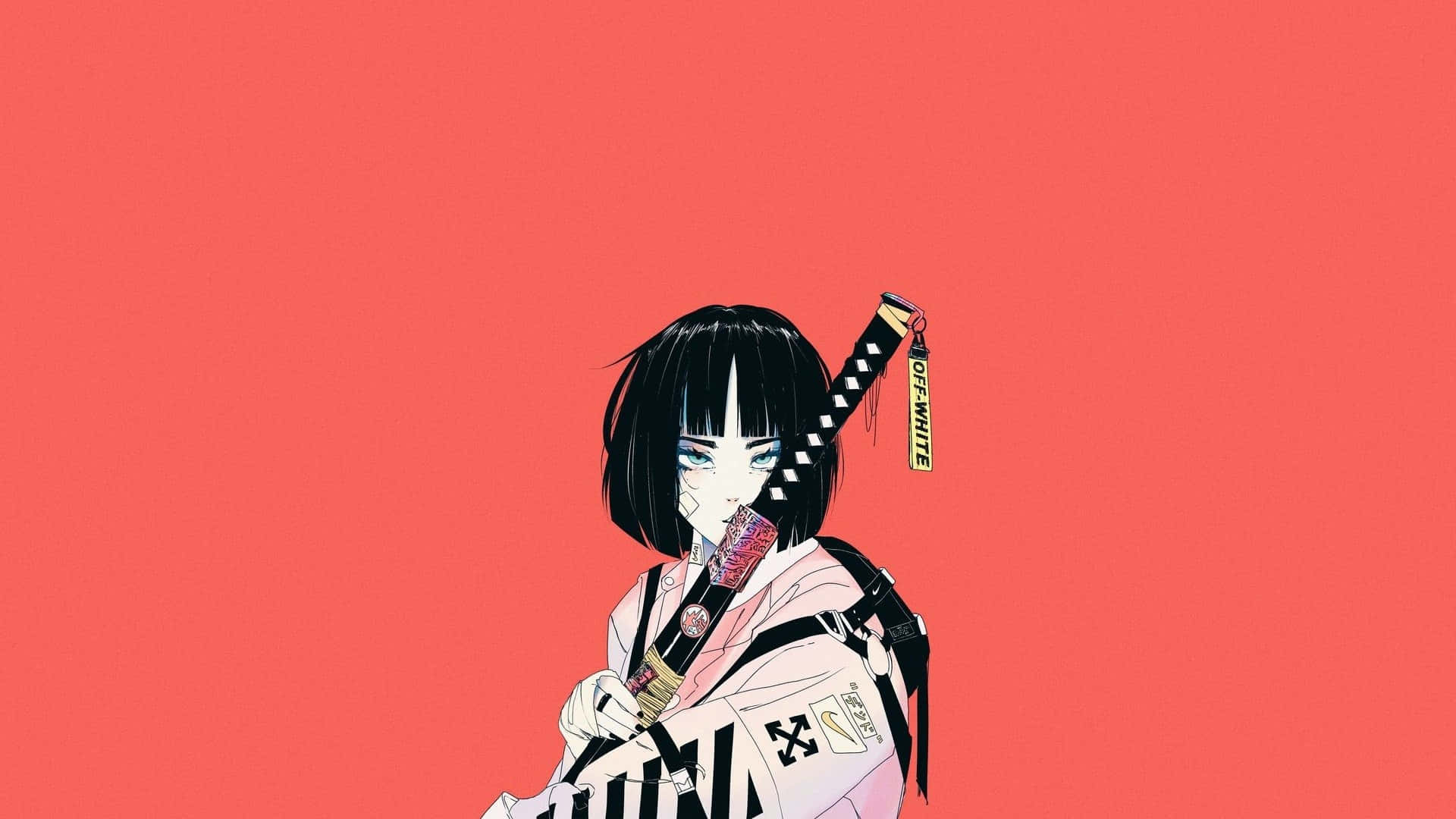 Off White Desktop 桌布 壁紙 — 短黑髮藍眼動漫女孩，在珊瑚色背景前手持帶有OFF WHITE標籤的武士刀。