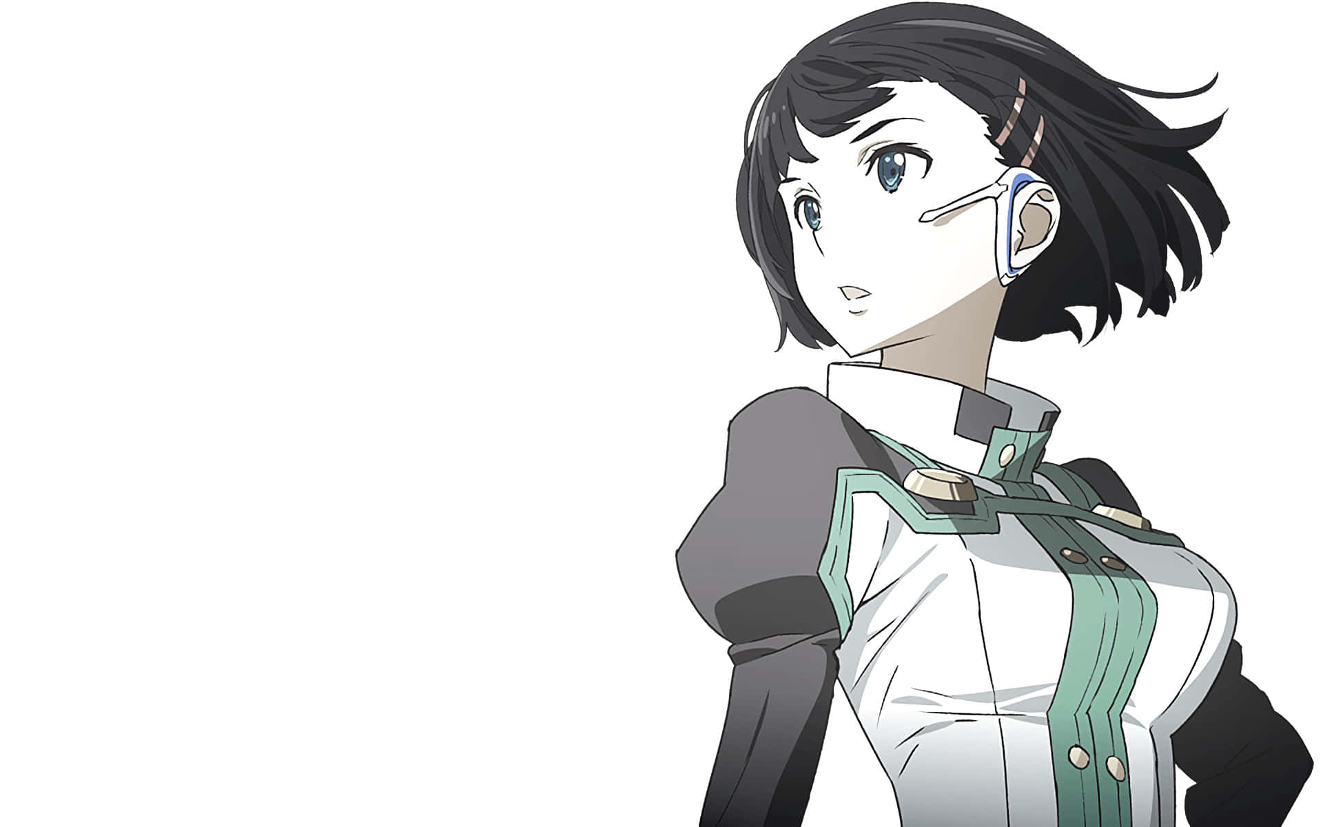Suguha Kirigaya 桌布 壁紙 — 短黑髮藍眼動漫女孩，穿著未來風白色和綠色服裝及耳機，背景為純白色。